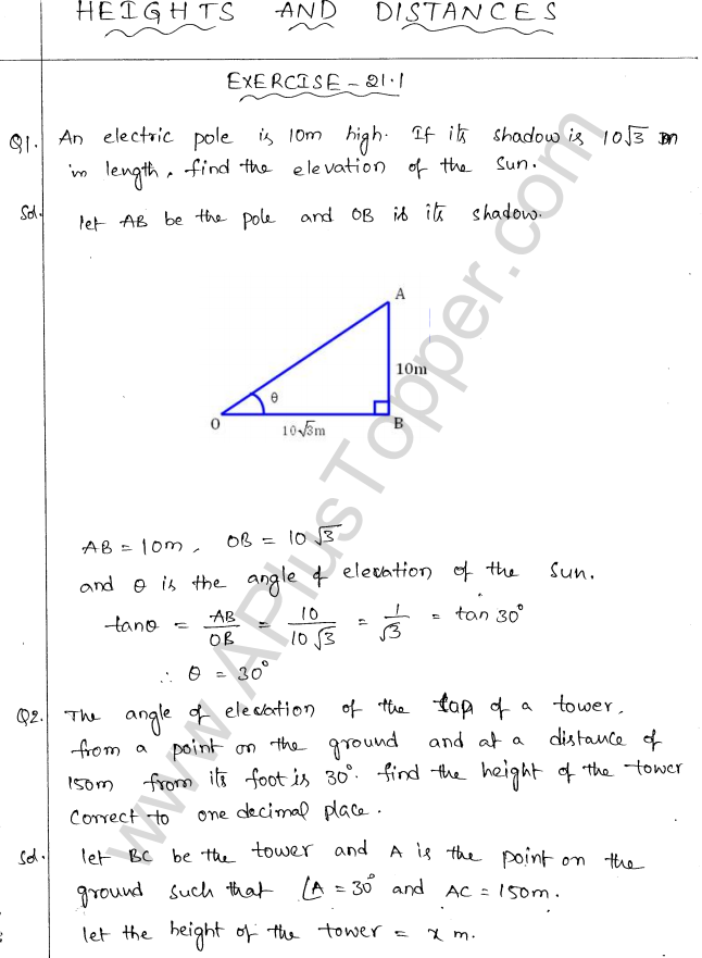 ML Aggarwal ICSE Solutions for Class 10 Maths Chapter 21 Heights and Distances Q1.1