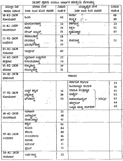 Karnataka 1st PUC Time Table