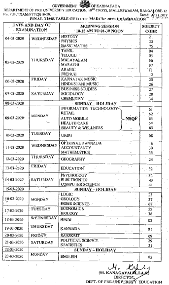 Karnataka 2nd PUC Time Table