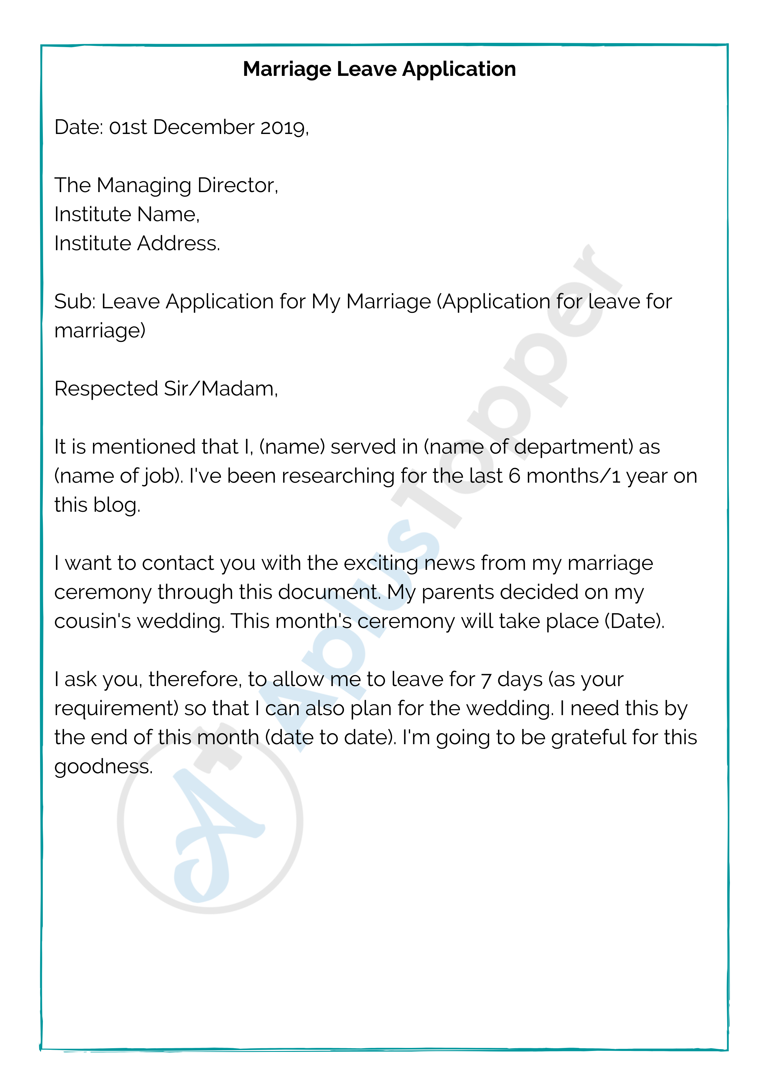 Leave Application for Marriage | Sample Letter for How to write a ...