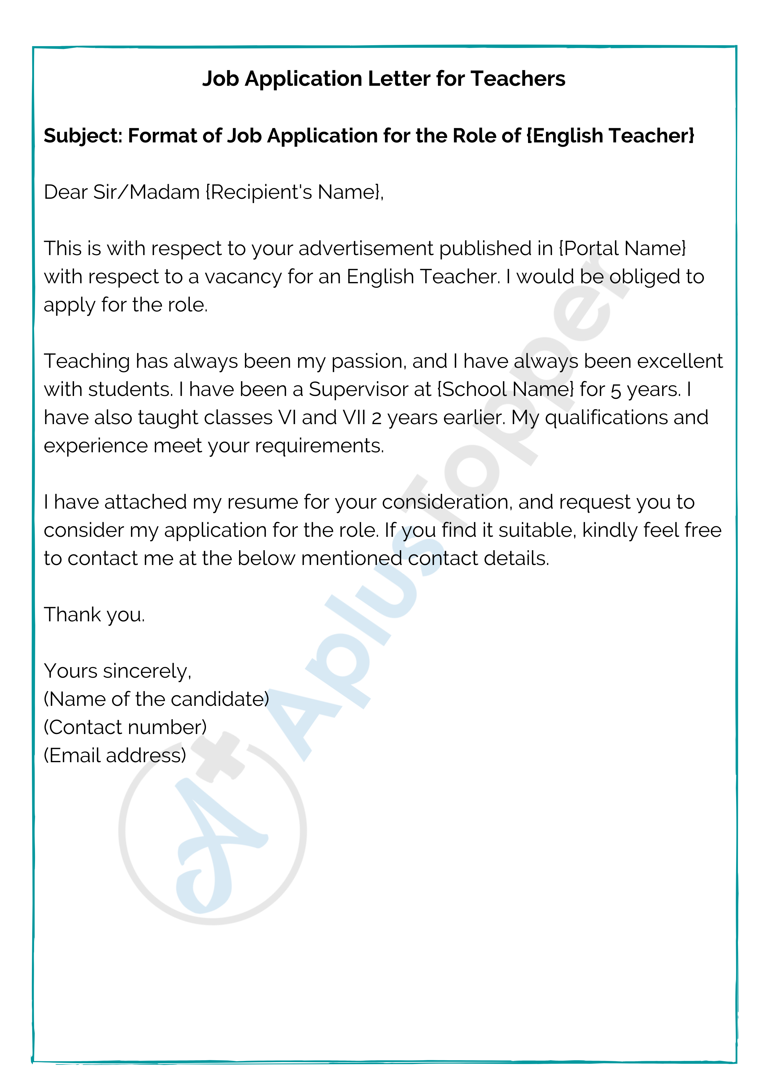 Job Application Letter for Teachers