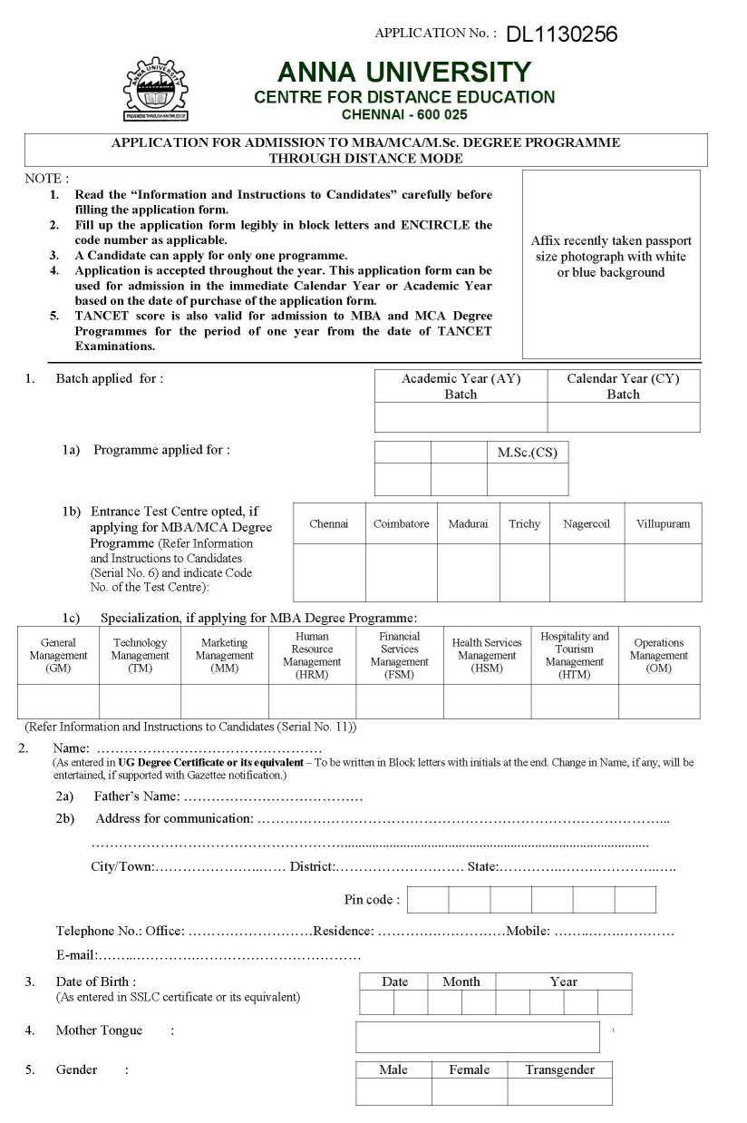 Anna University Distance Education Application Form 2020
