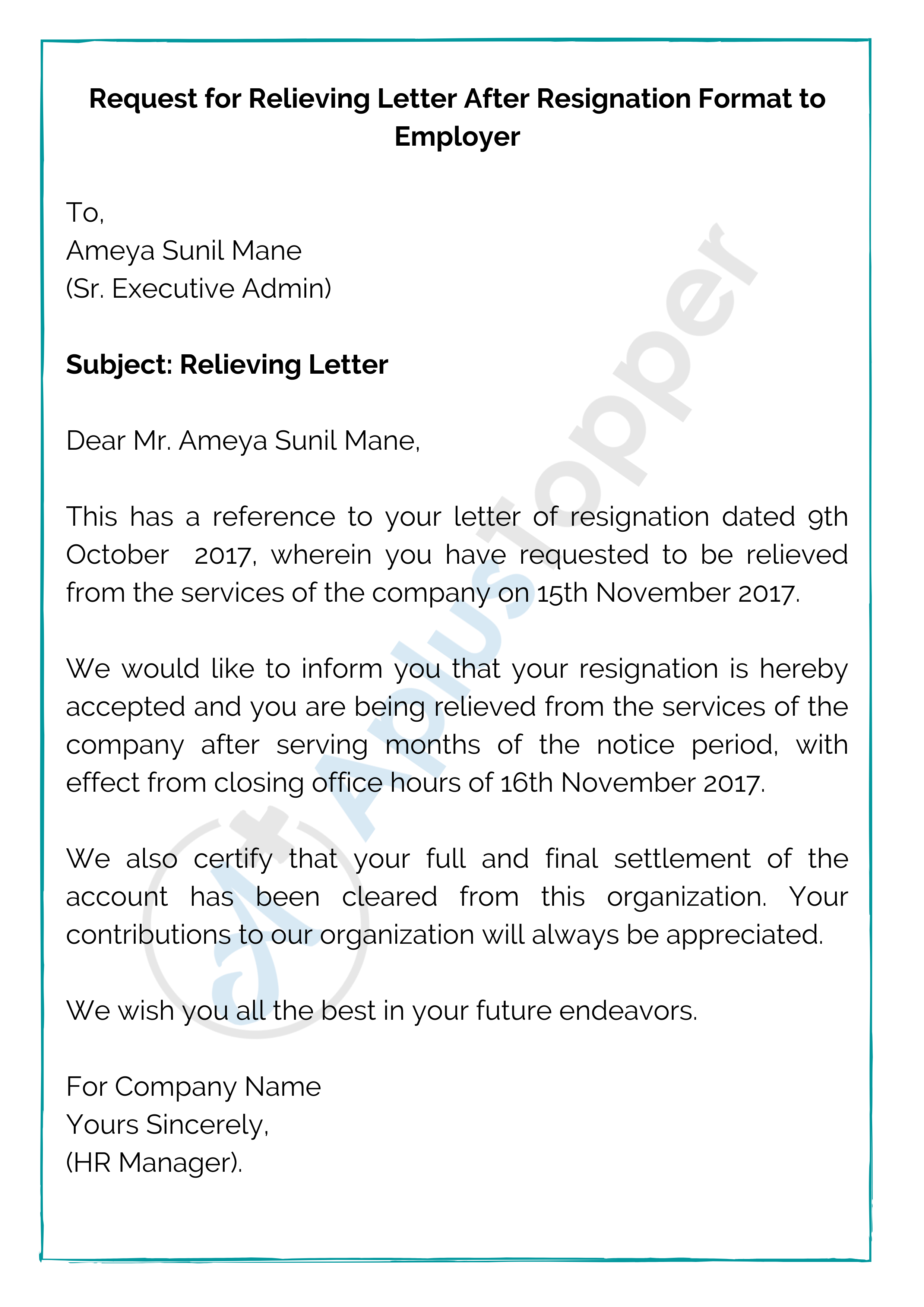 Relieving Letter Format Relieving Letter Format Templates And Samples 7004