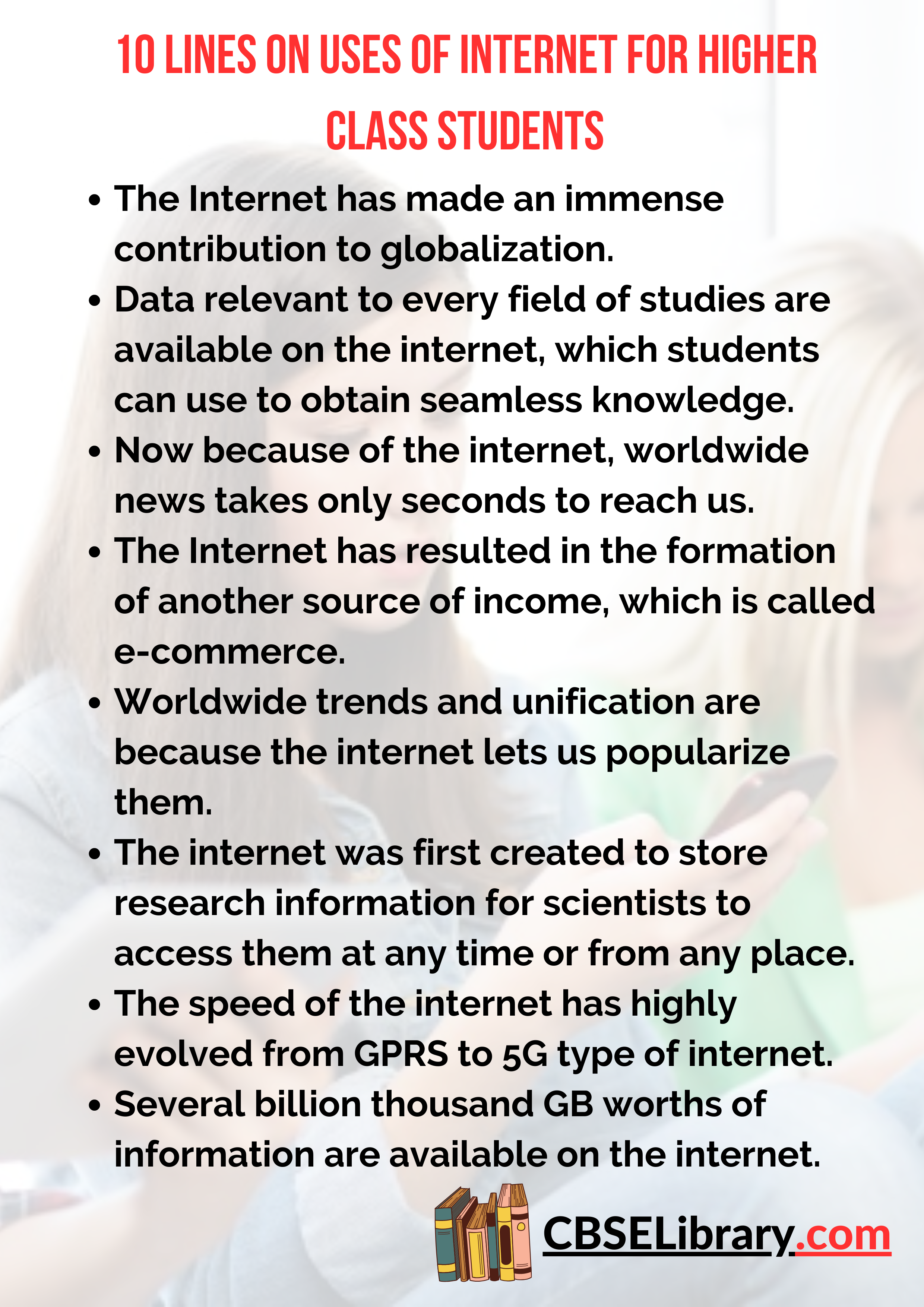 10 Lines On Uses Of Internet for Higher Class Students