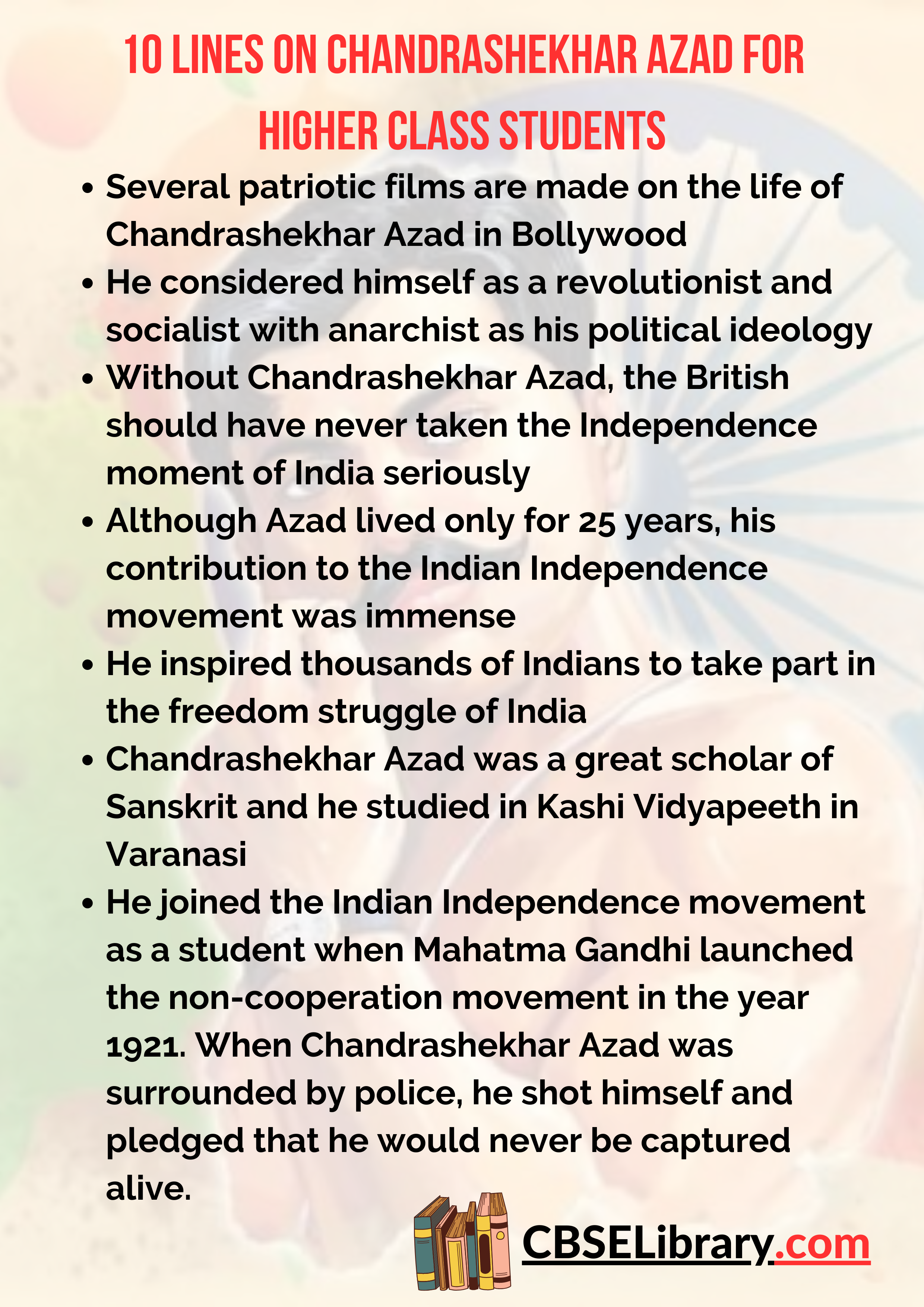 10 Lines on Chandrashekhar Azad for Higher Class Students