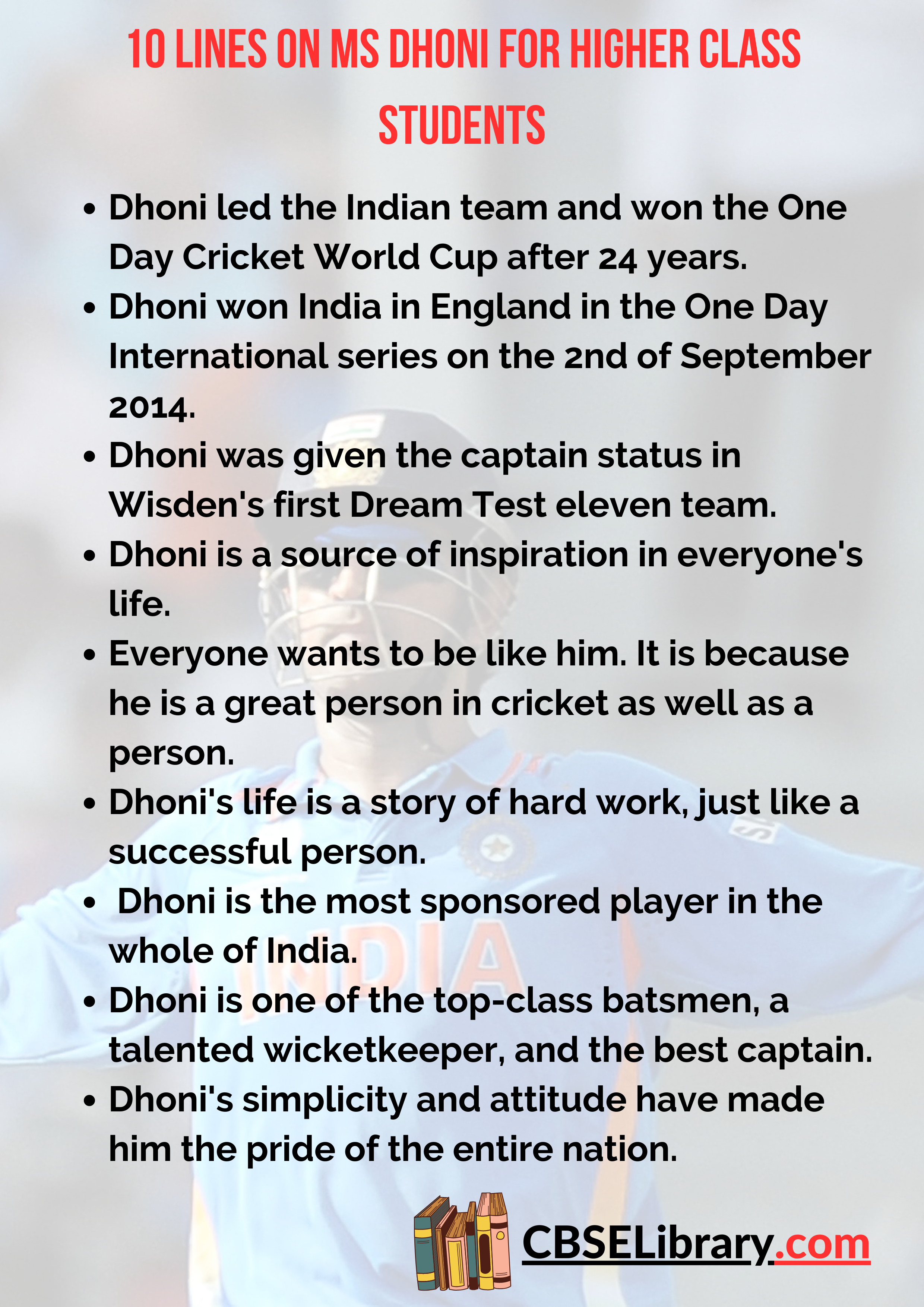 10 Lines on MS Dhoni for Higher Class Students