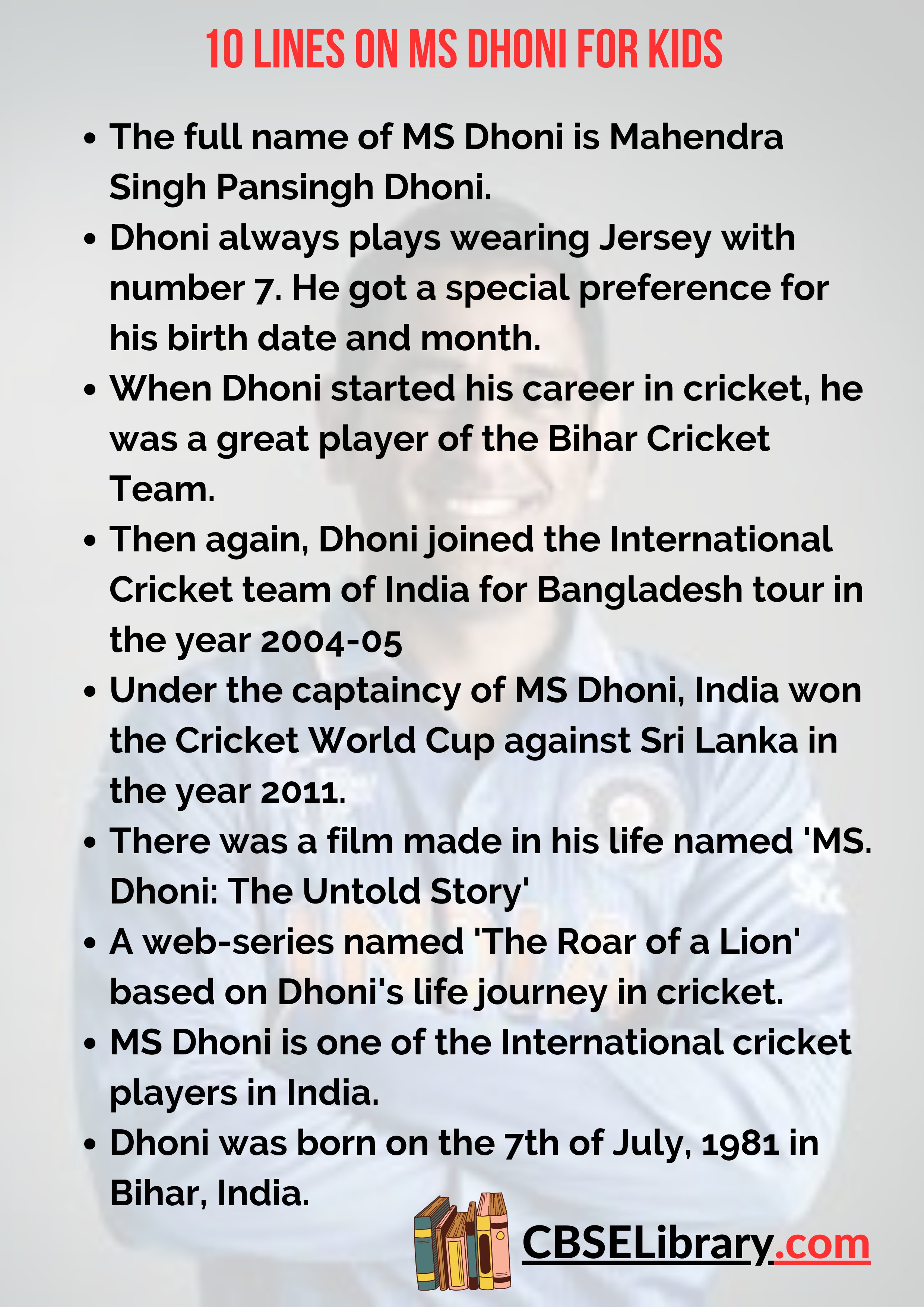 10 Lines on MS Dhoni for Kids