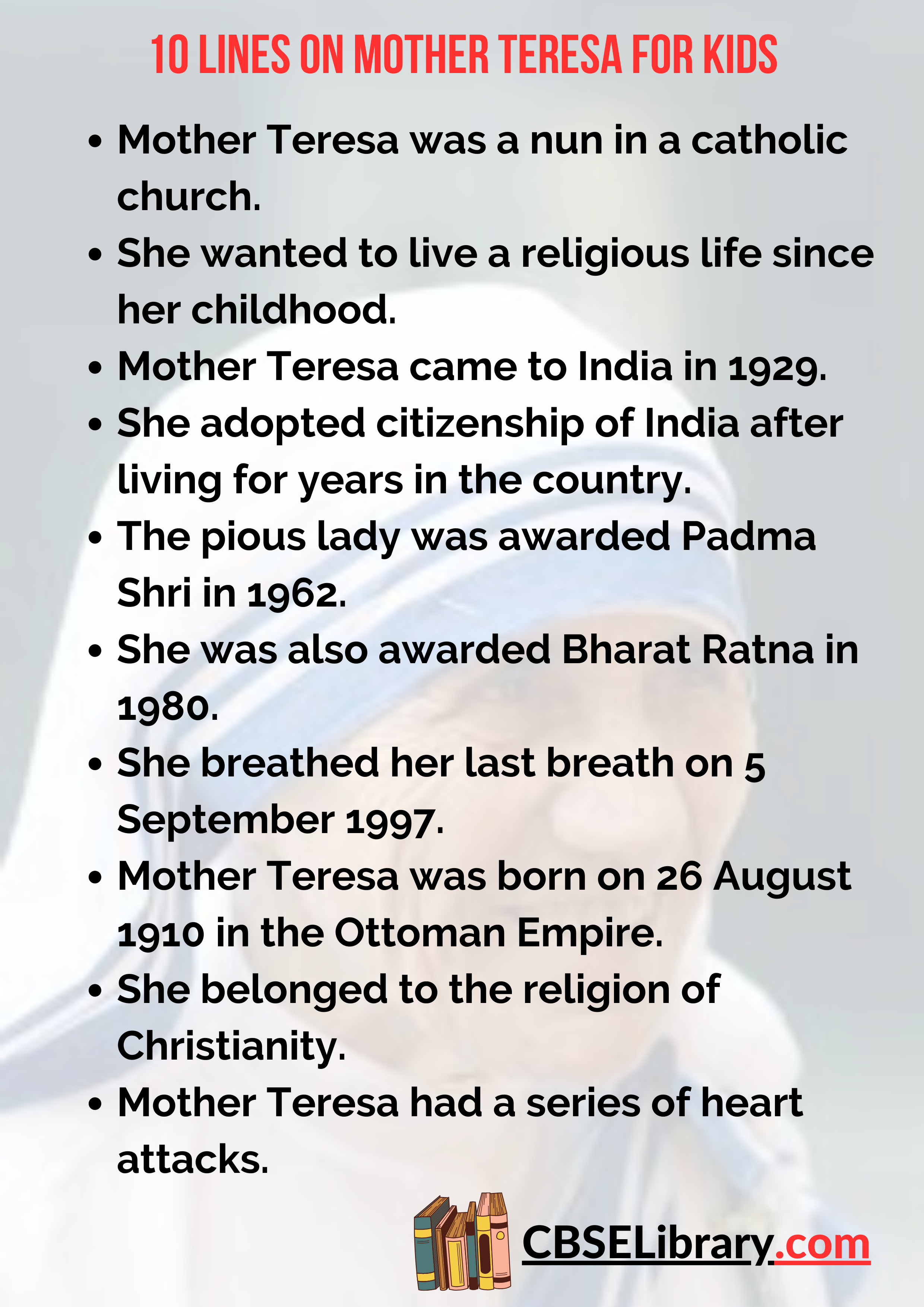 10 Lines on Mother Teresa for Kids
