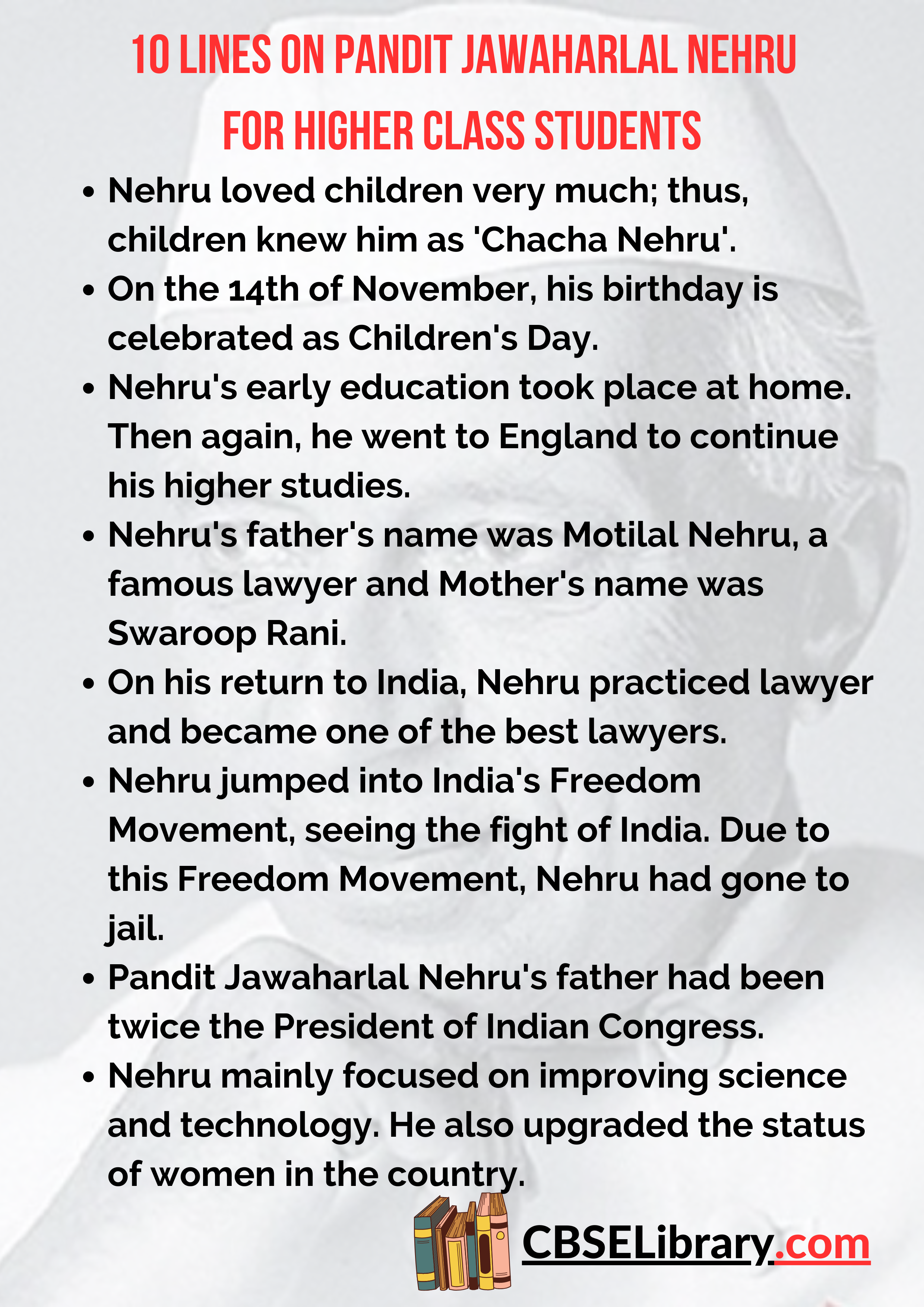 10 Lines on Pandit Jawaharlal Nehru for Higher Class Students