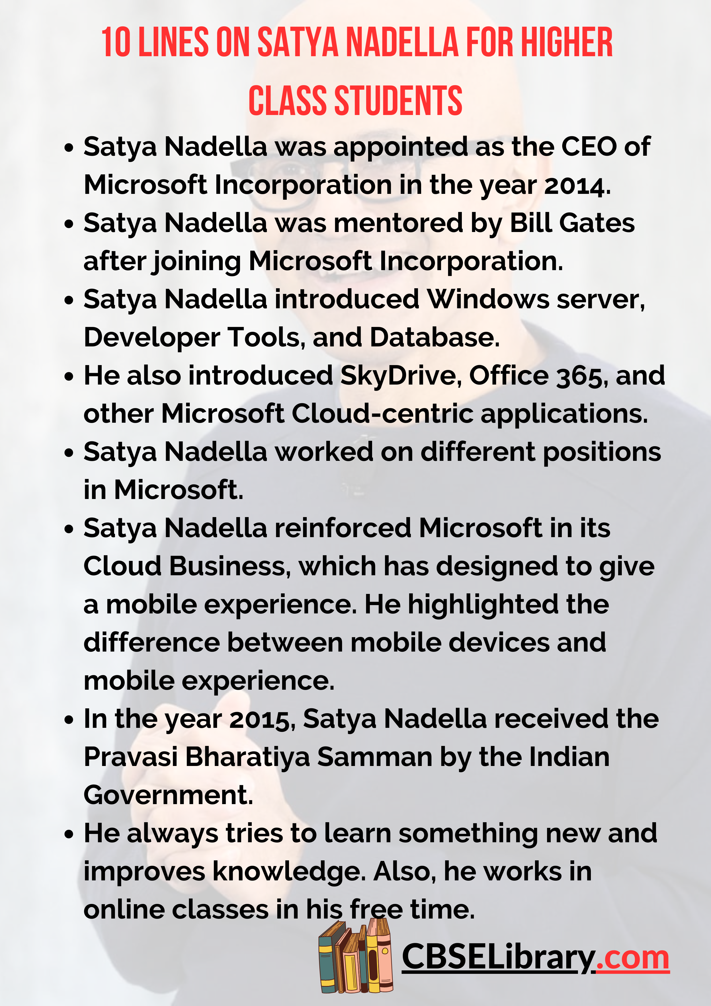 10 Lines on Satya Nadella for Higher Class Students