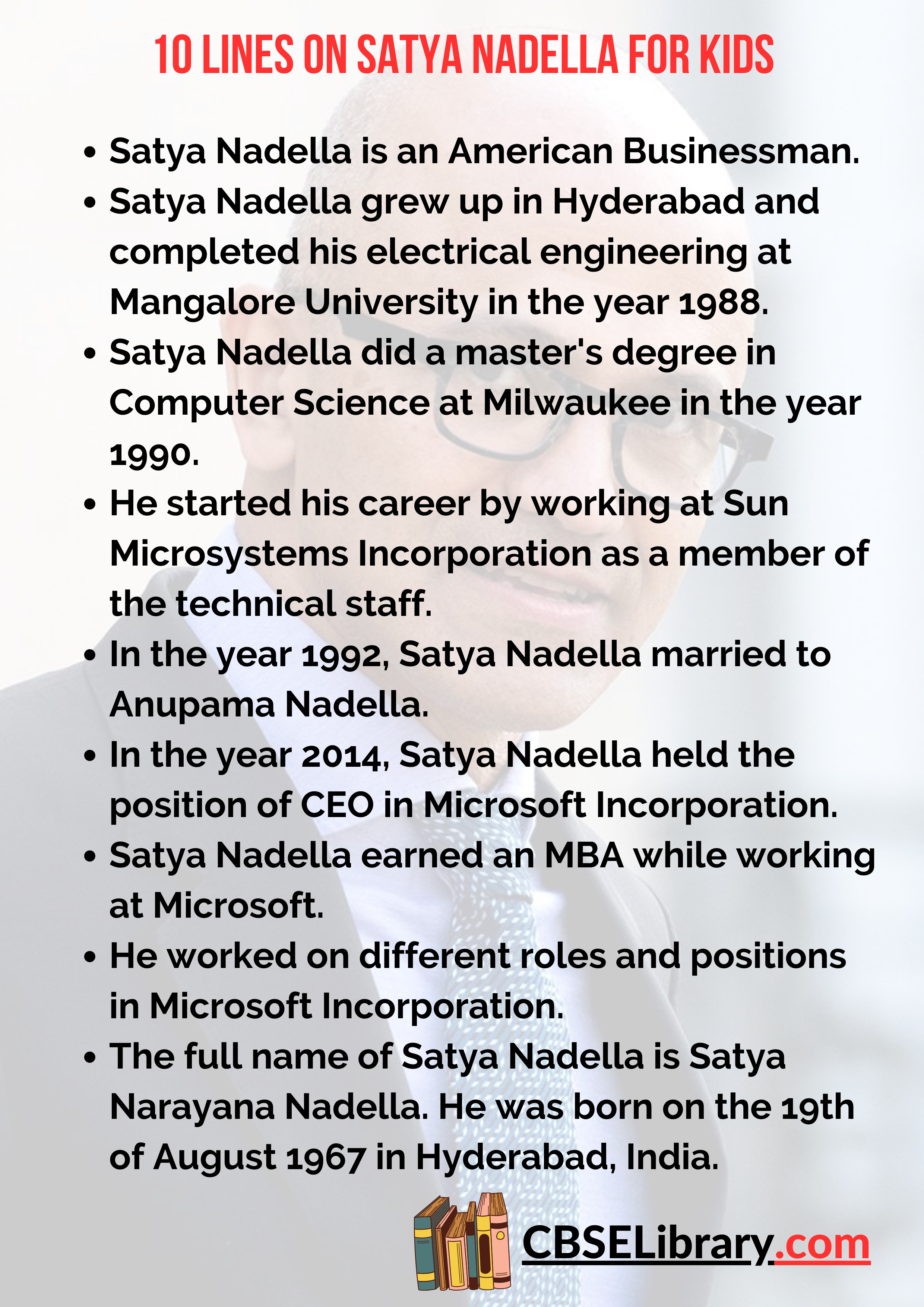 10 Lines on Satya Nadella for Kids