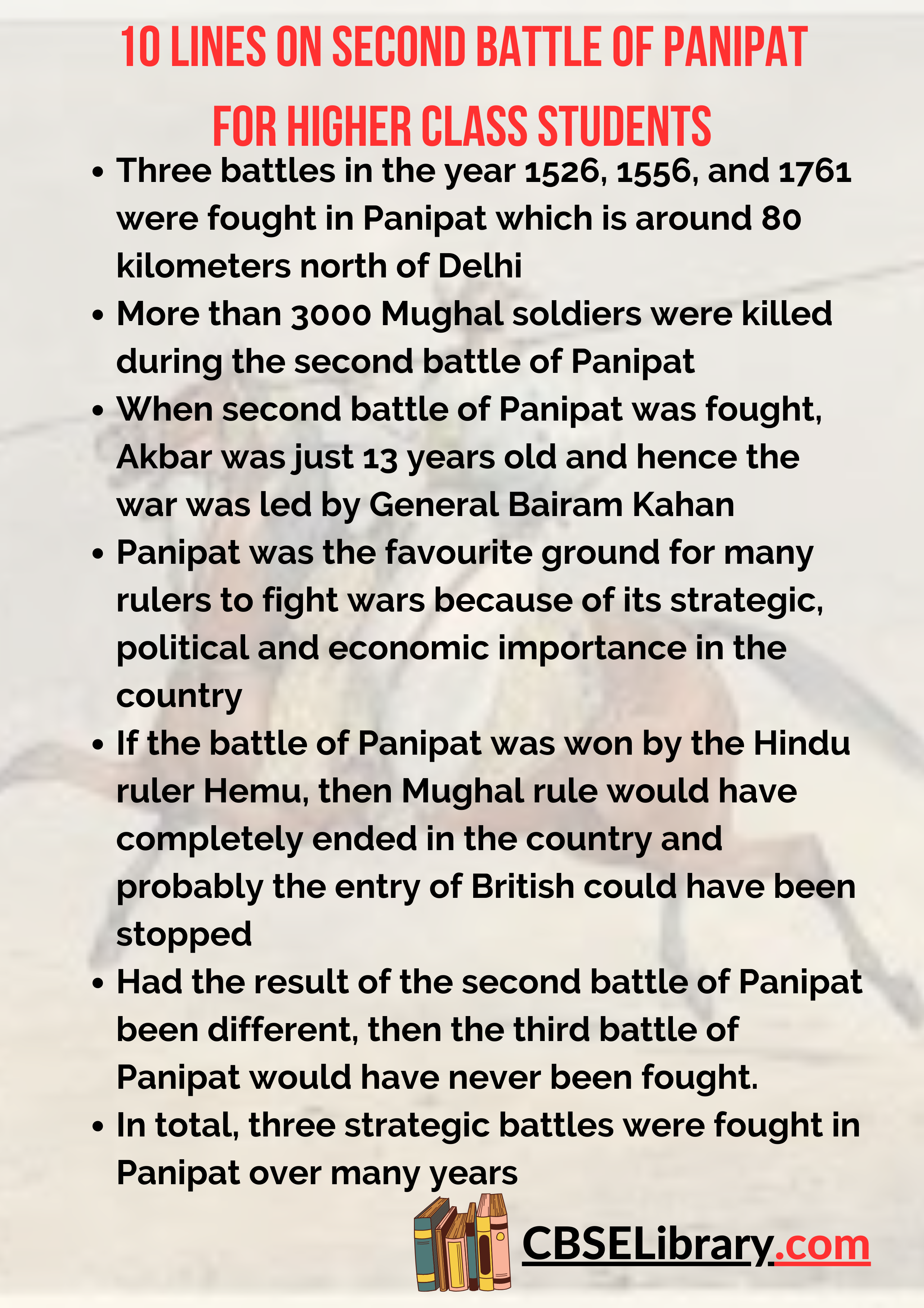 10 Lines on Second Battle Of Panipat for Higher Class Students