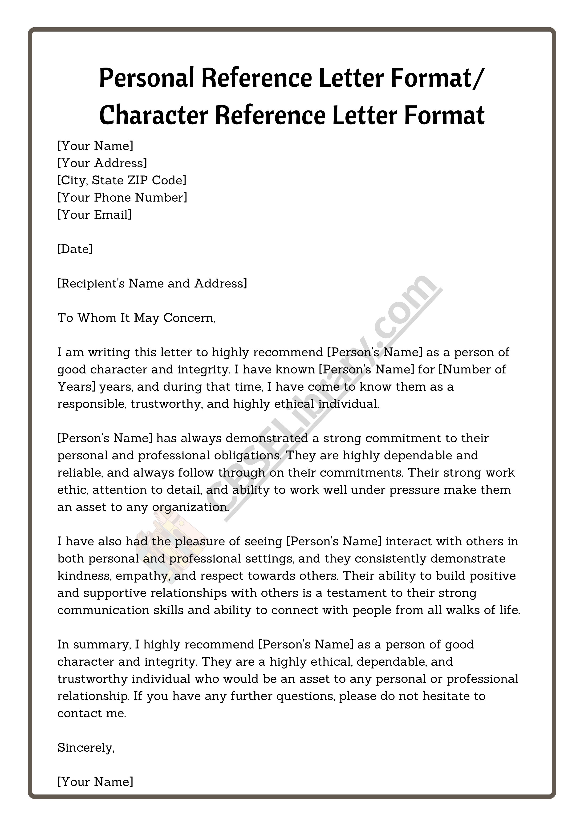 Personal Reference Letter Format/ Character Reference Letter Format