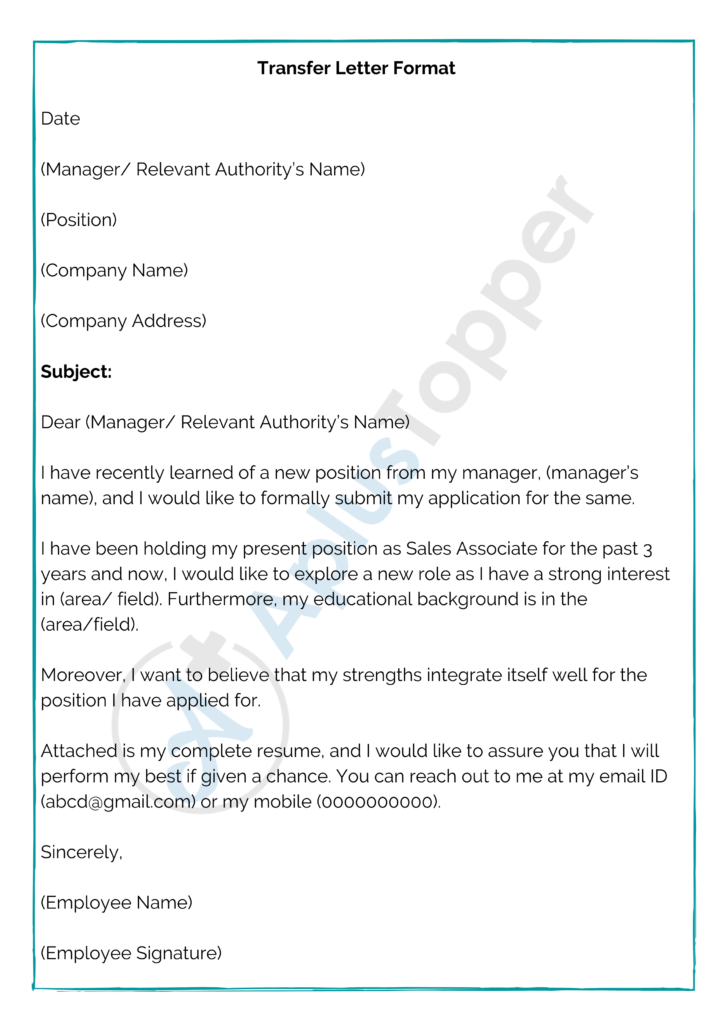 Transfer Letter Format | How To Write Transfer Letter? Samples ...