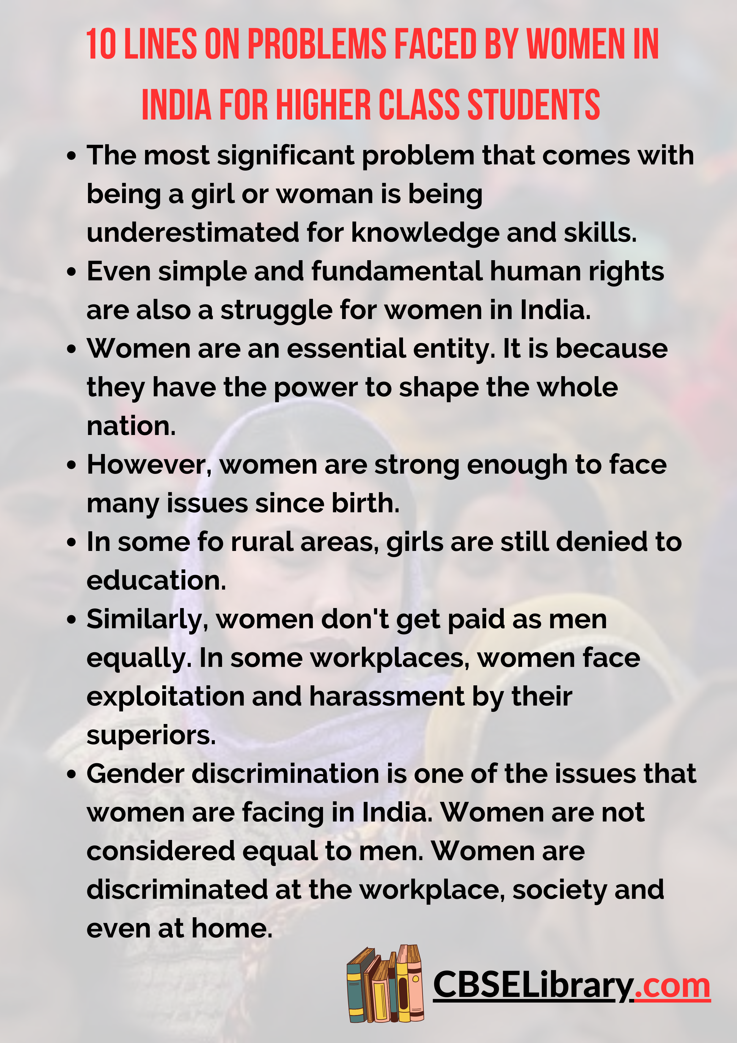 10 Lines On Problems Faced By Women In India for Higher Class Students