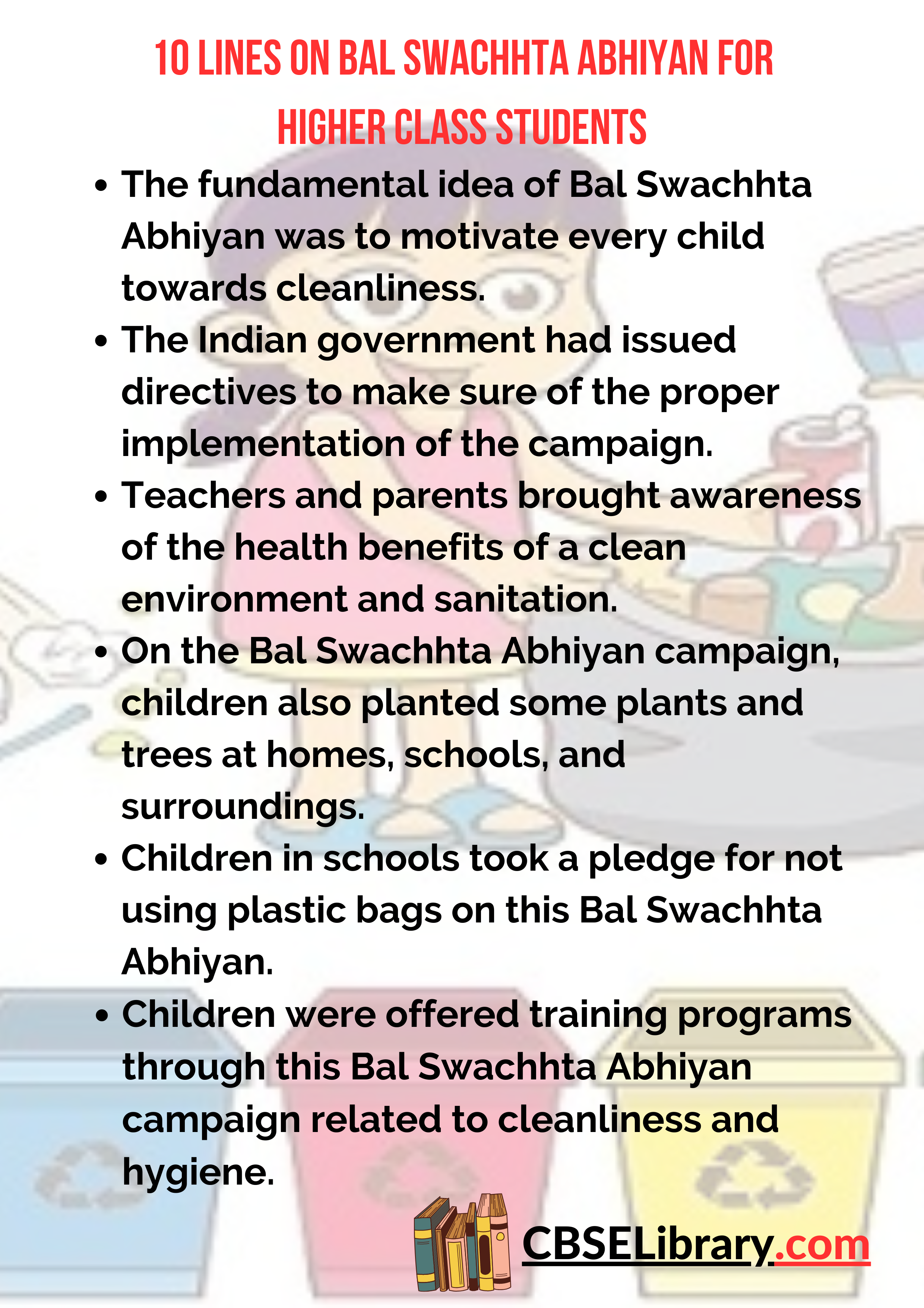 10 Lines on Bal Swachhta Abhiyan for Higher Class Students