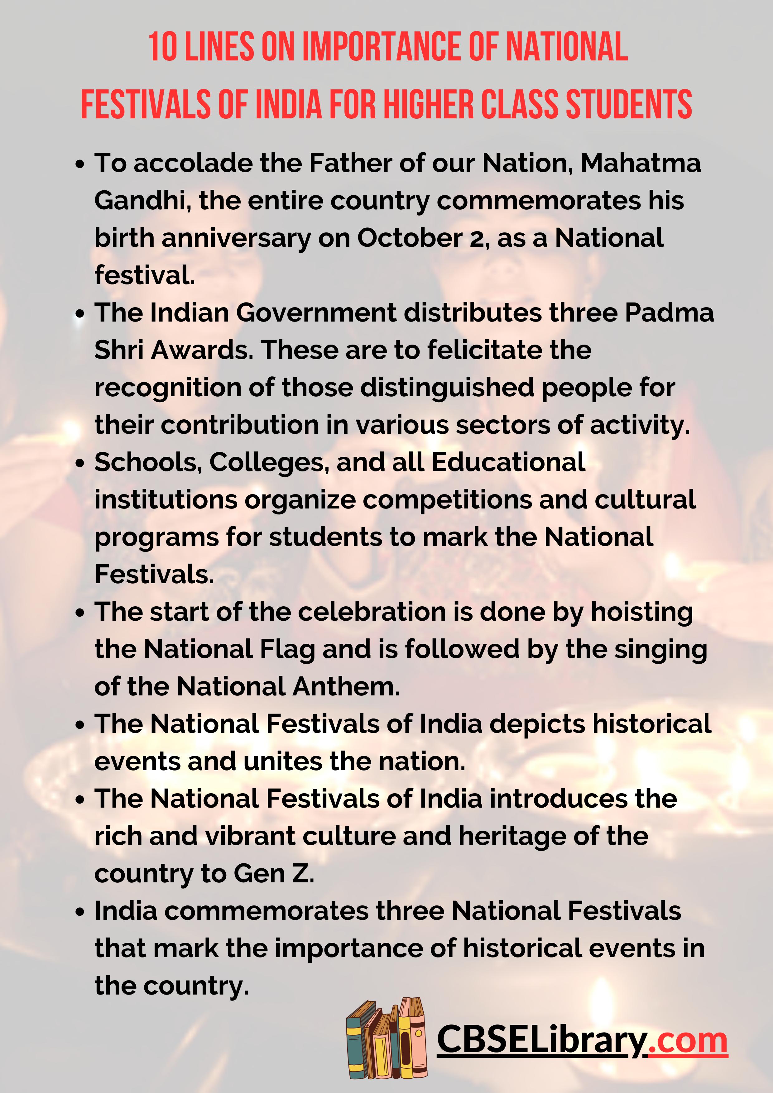 10 Lines on Importance of National Festivals of India for Higher Class Students