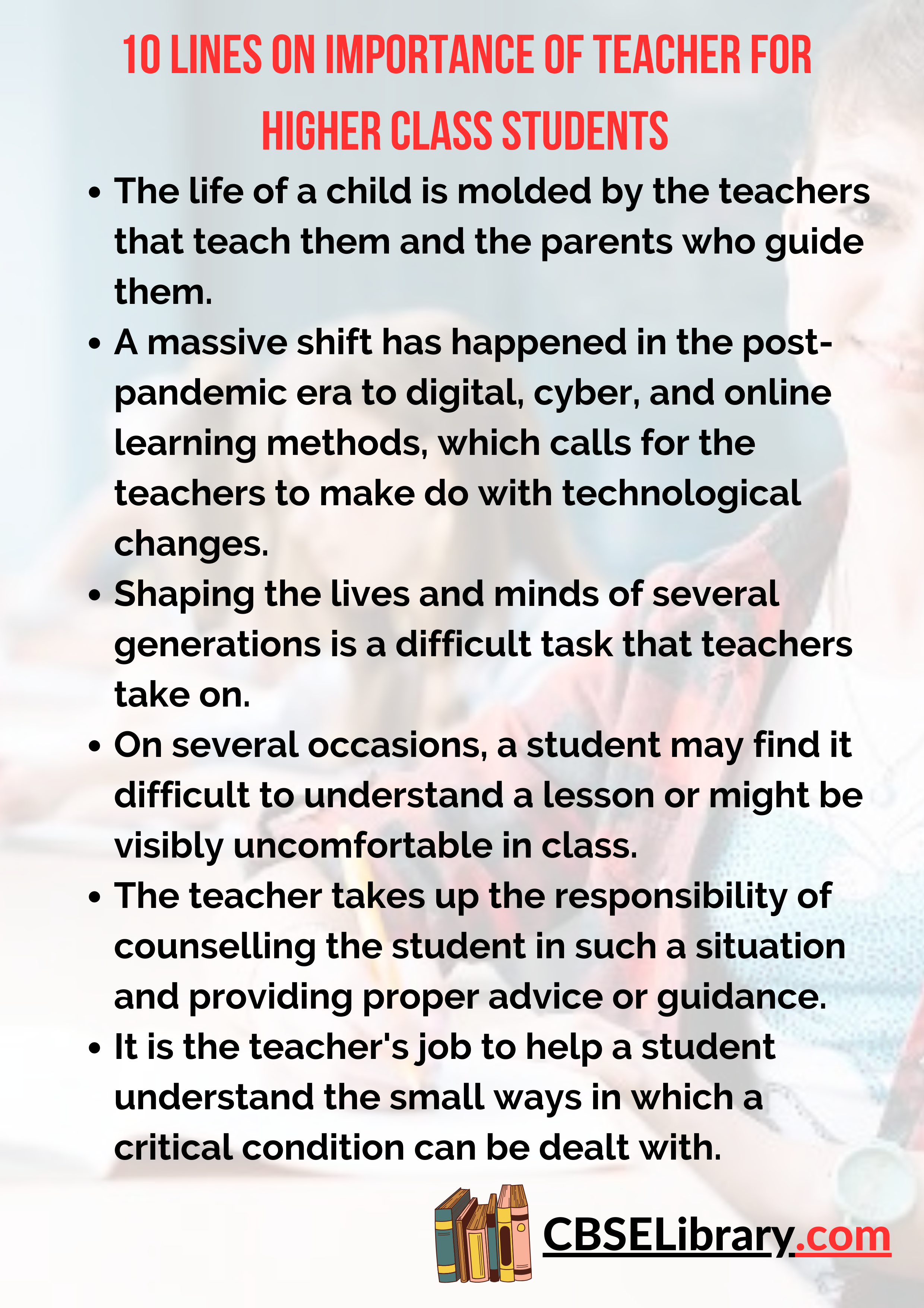 10 Lines on Importance of Teacher for Higher Class Students
