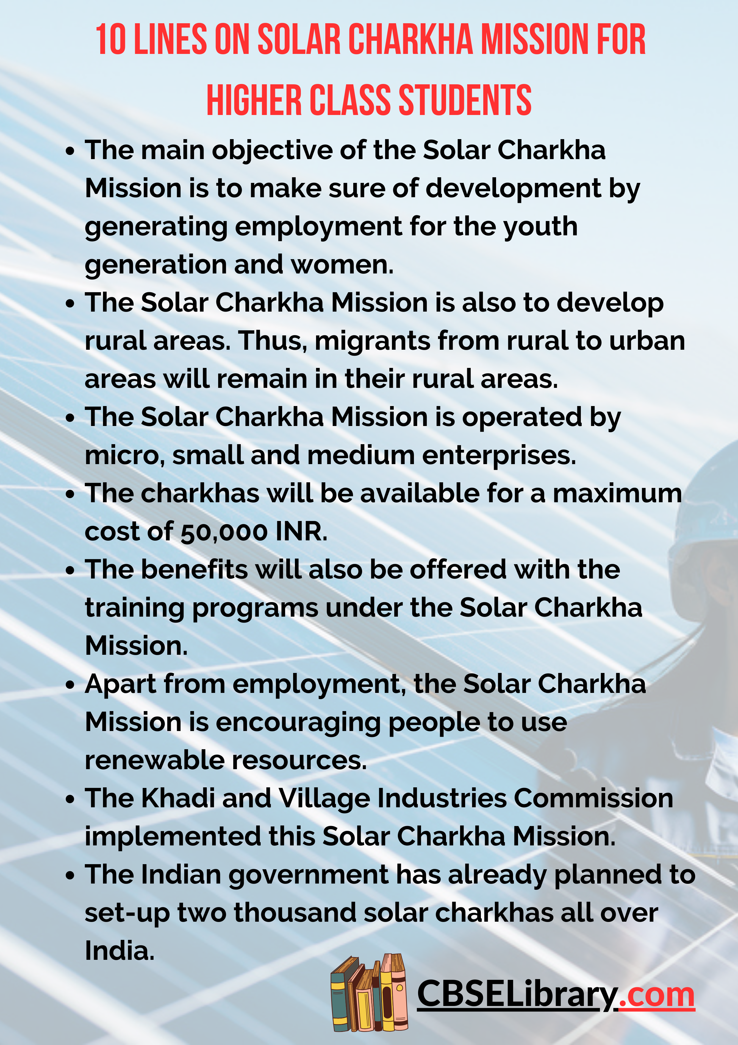10 Lines on Solar Charkha Mission for Higher Class Students