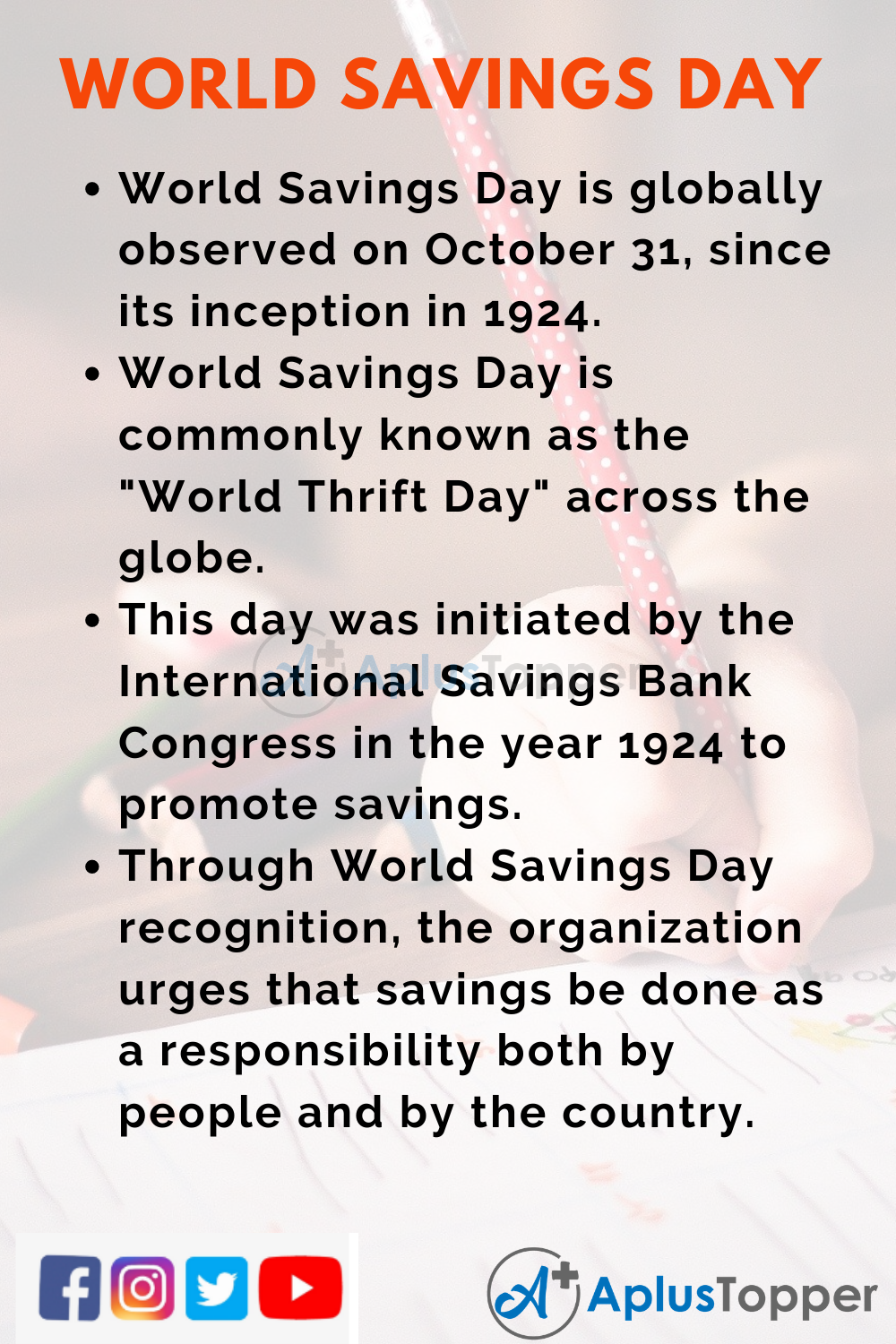 10 Lines on World Savings Day for Kids