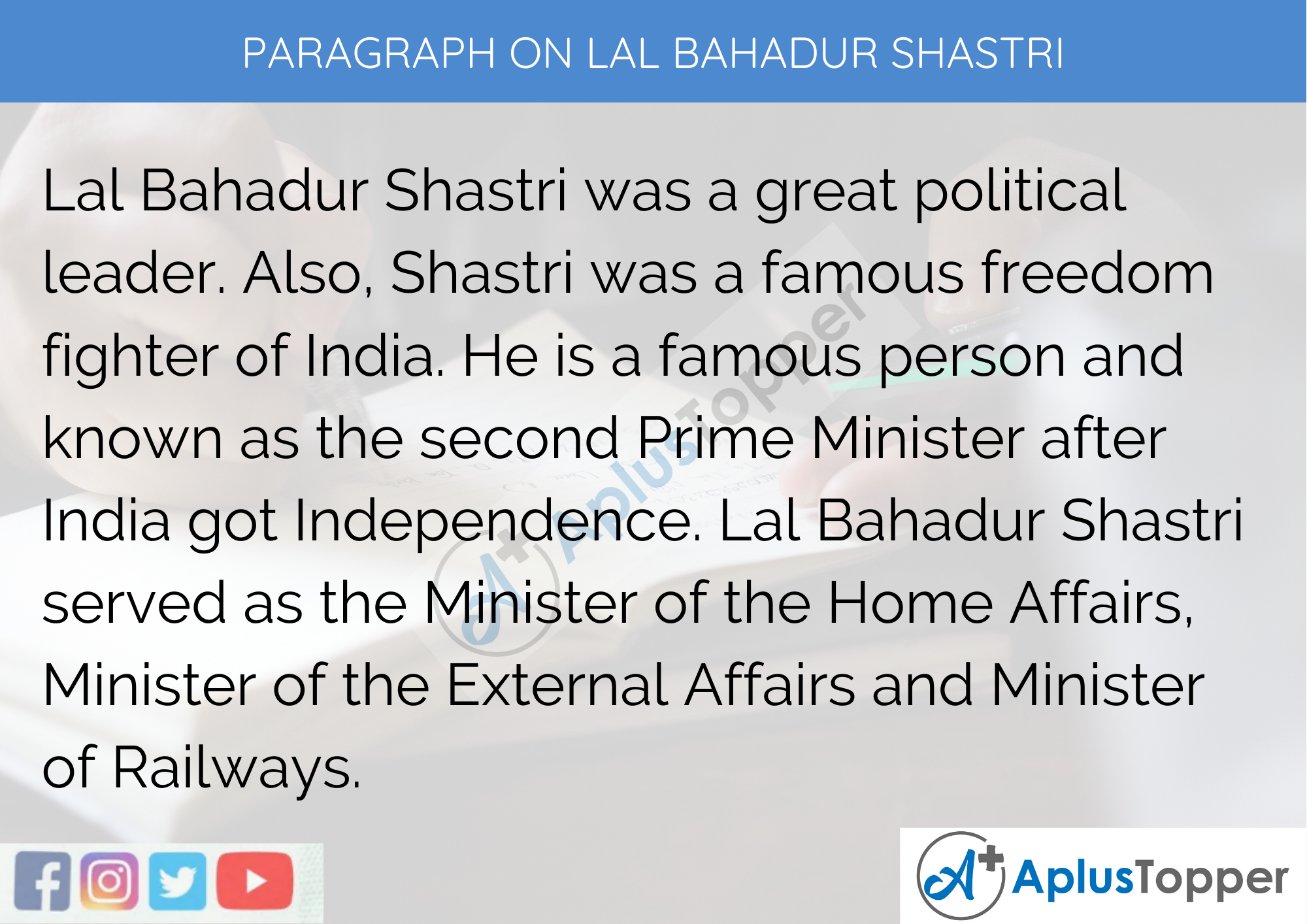 Paragraph On Lal Bahadur Shastri - 100 Words for Classes 1, 2, 3 Kids