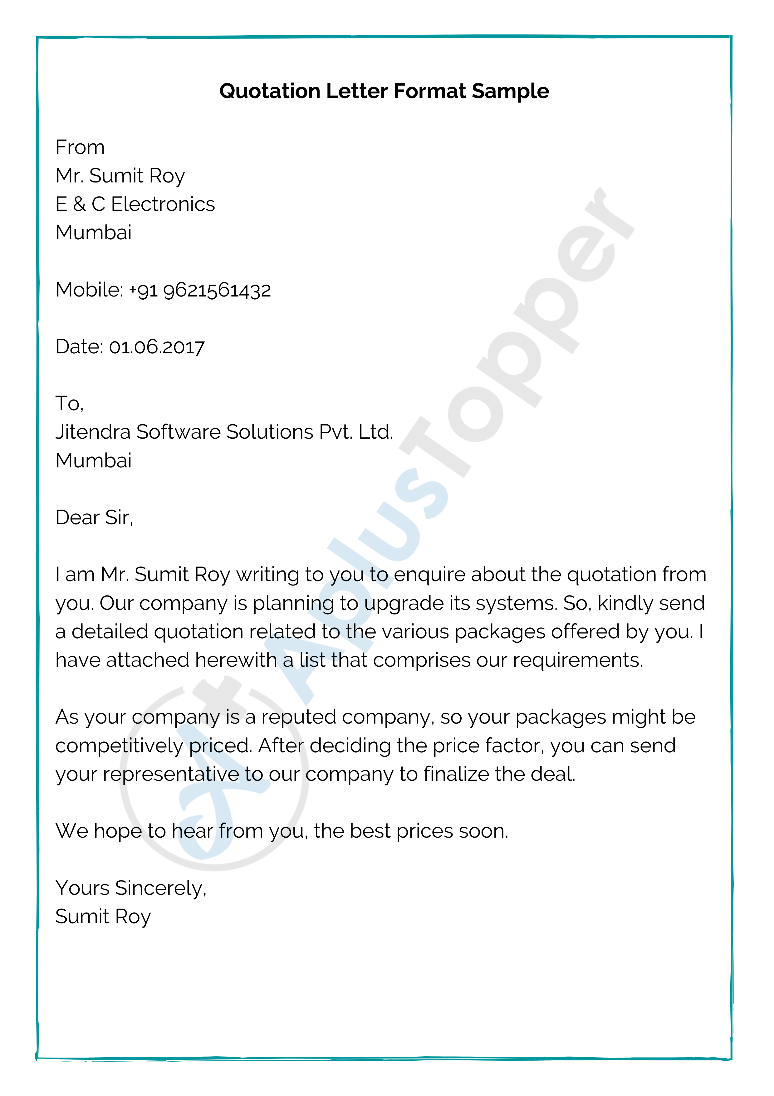 sample cover letter for sending quotation