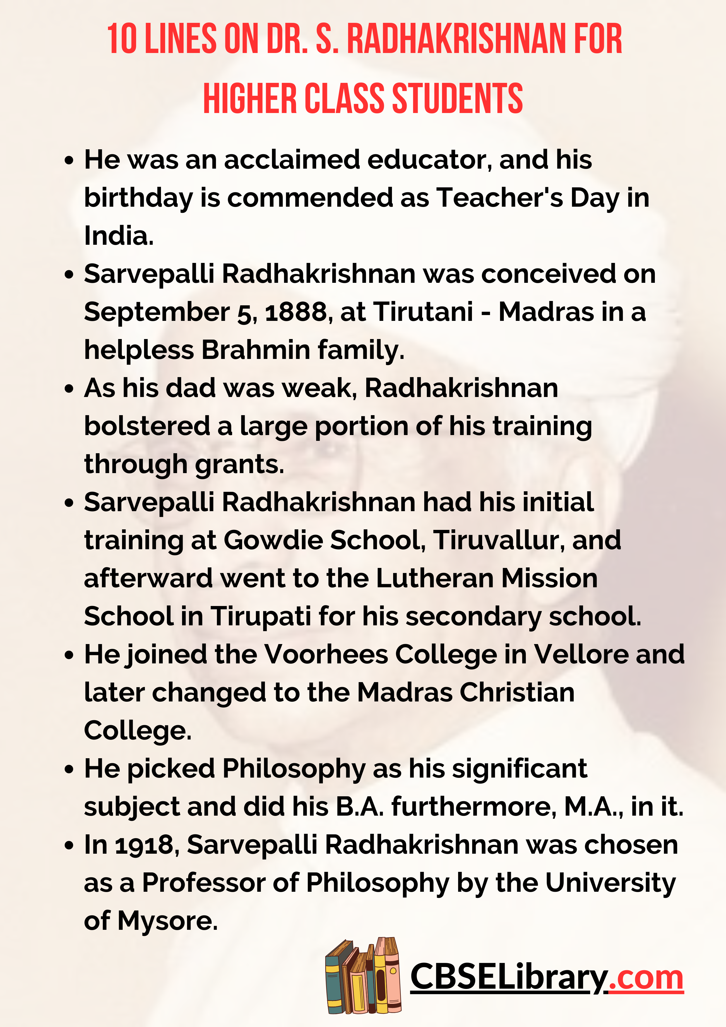 10 Lines On Dr. S. Radhakrishnan for Higher Class Students
