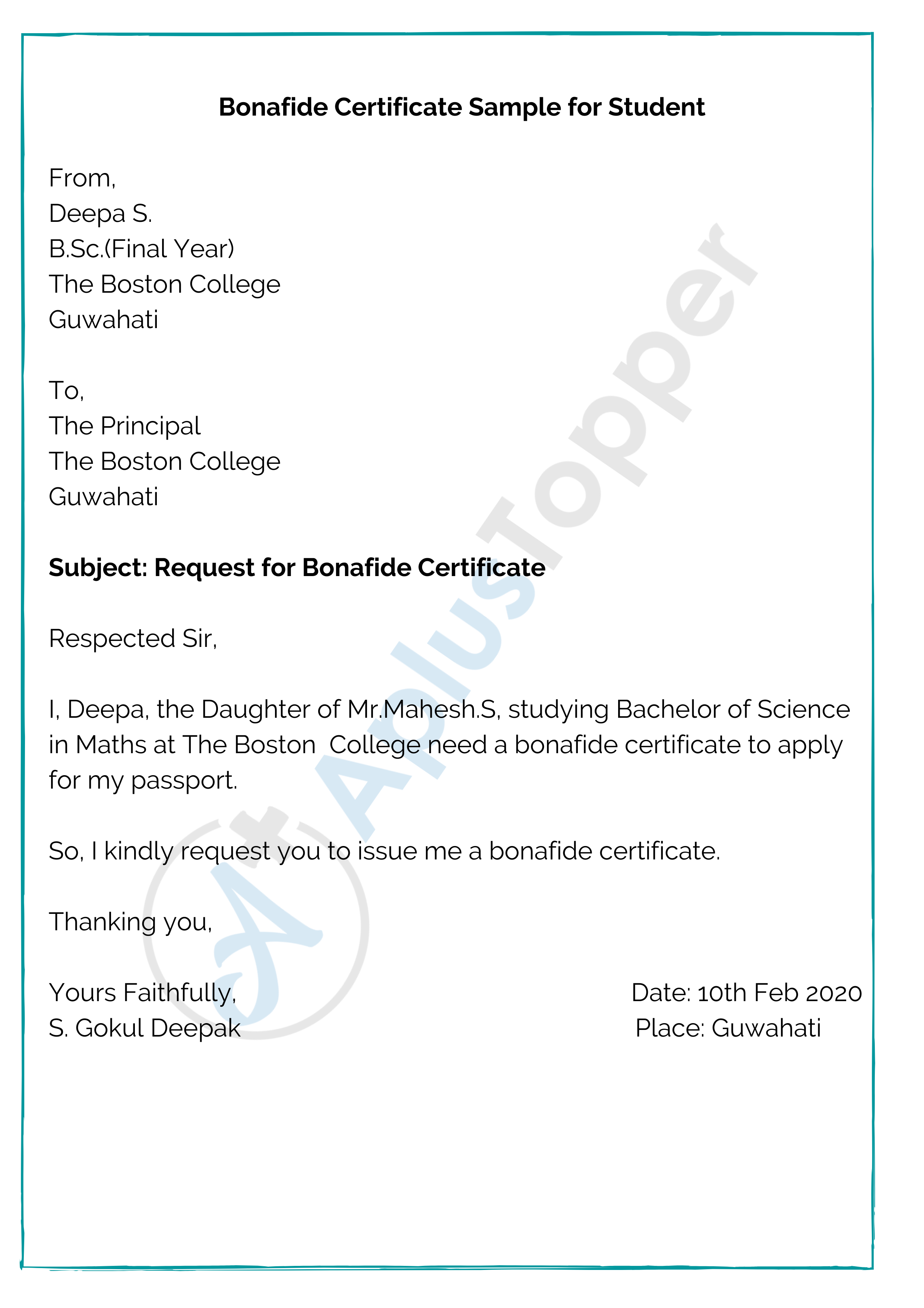 Bonafide Certificate Sample for Student