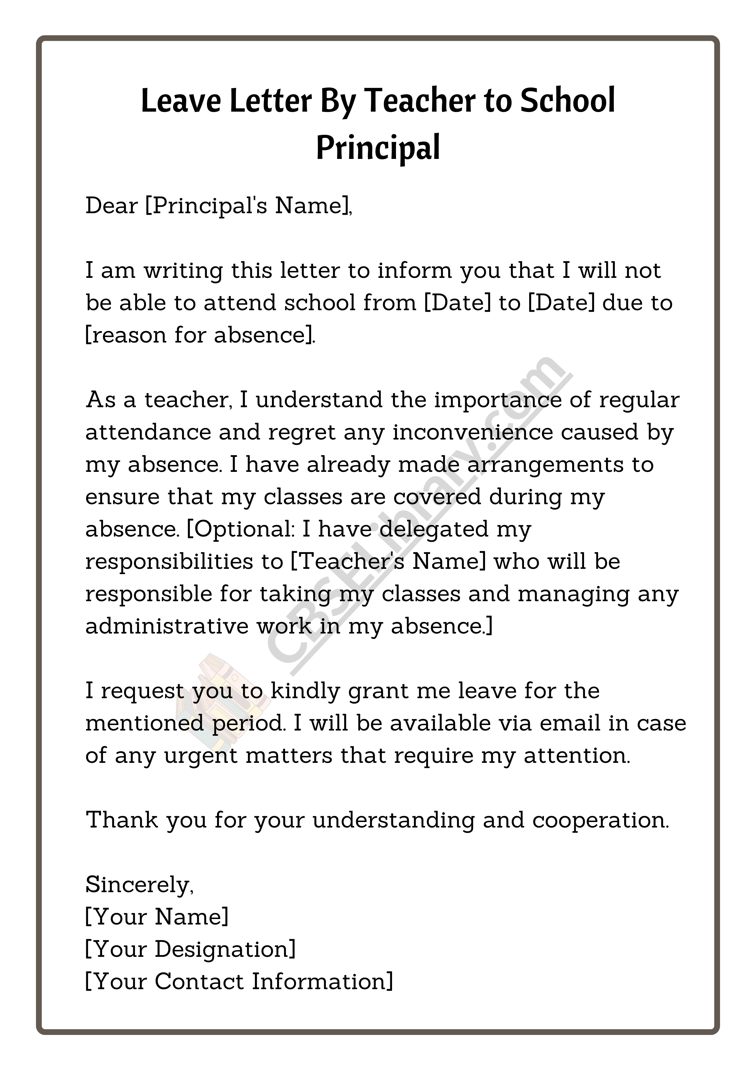 Leave Letter By Teacher to School Principal