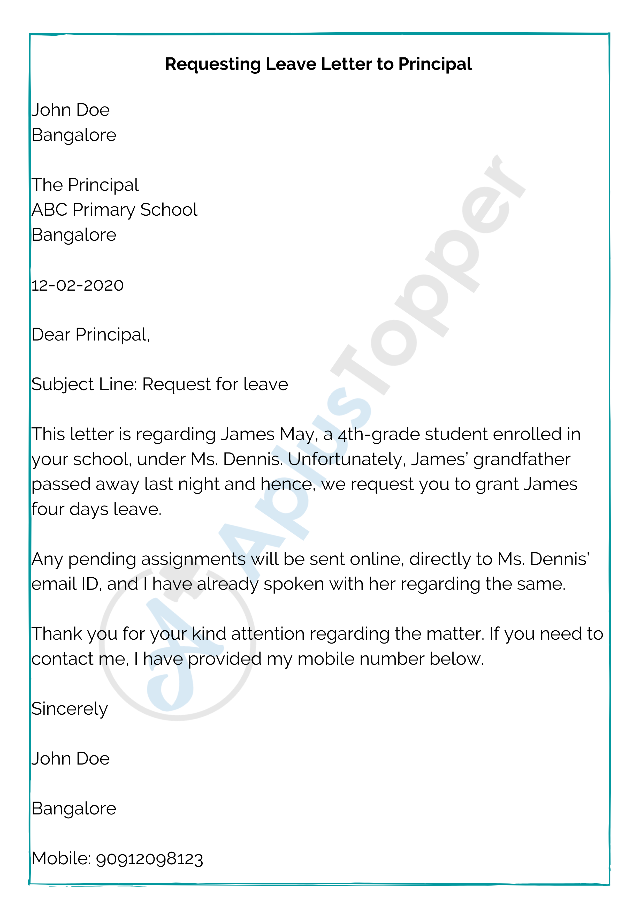 write an application to principal for leave