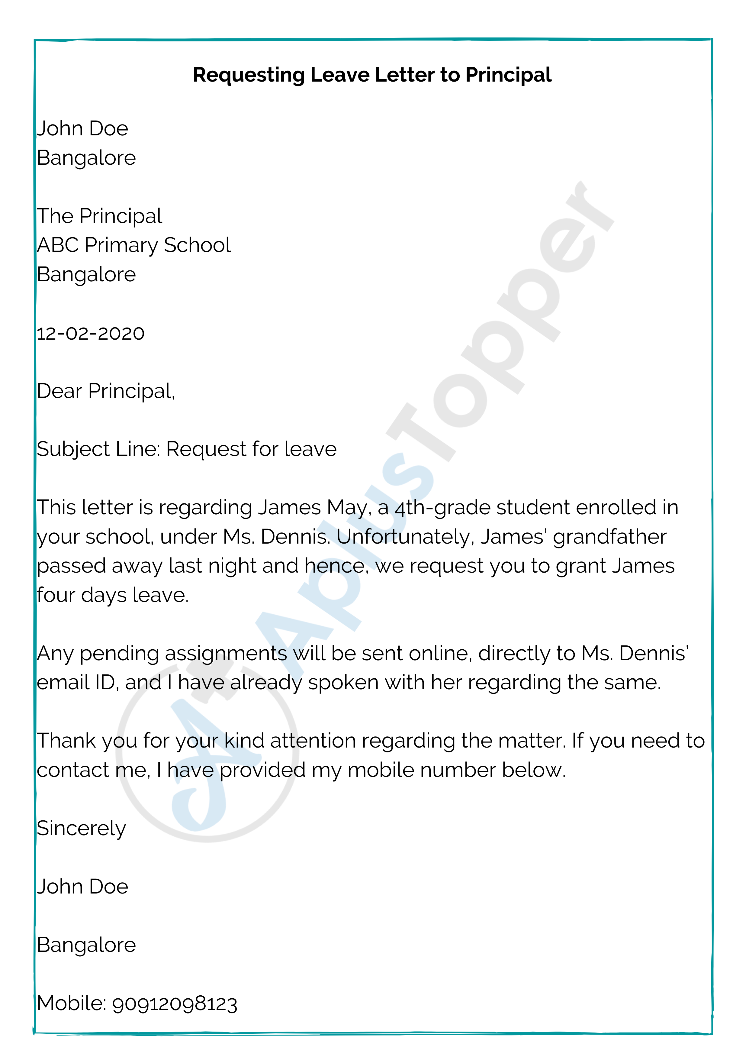 Letter Writing Format To Principal In English