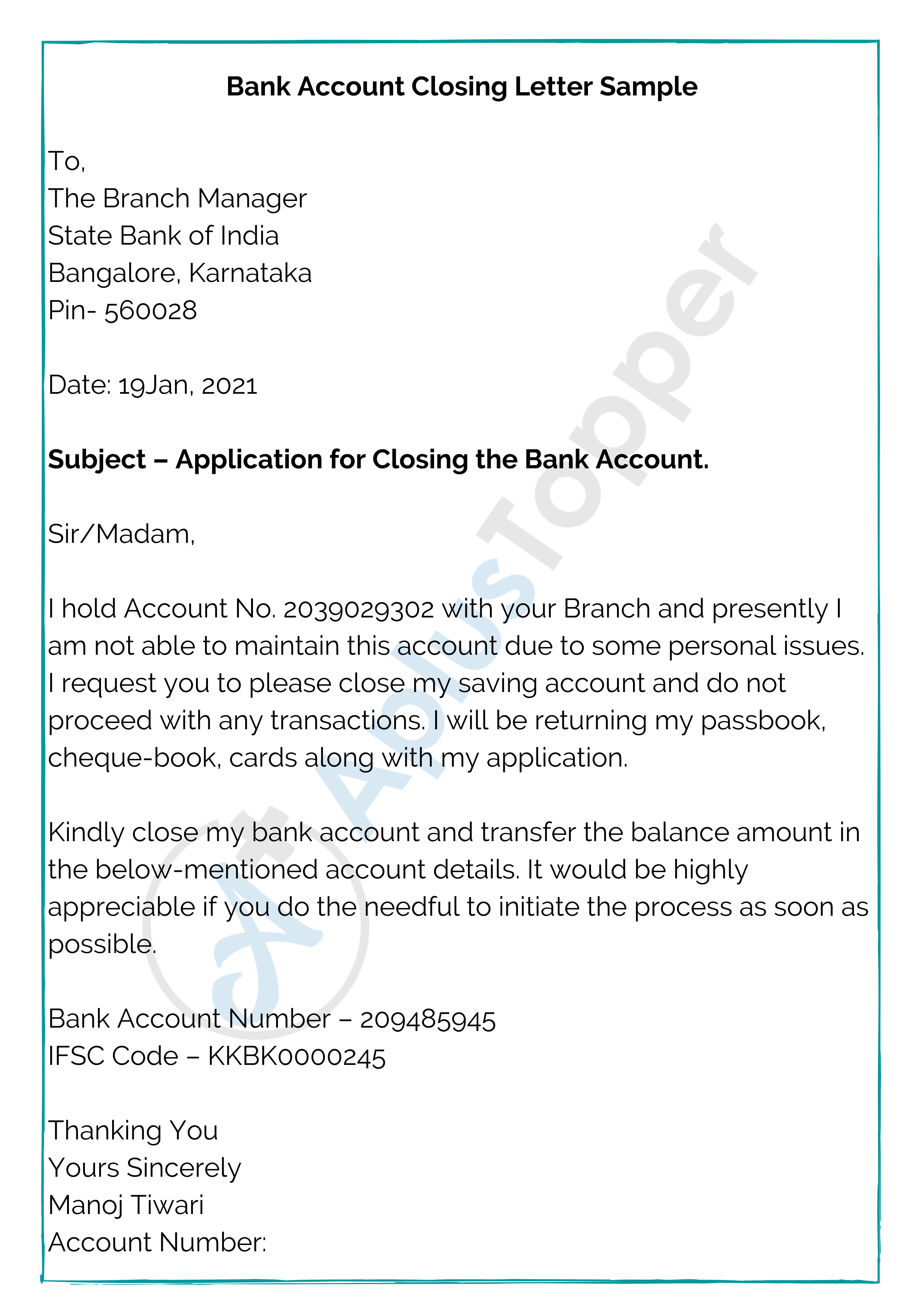 application letter to bank manager for closing rd account