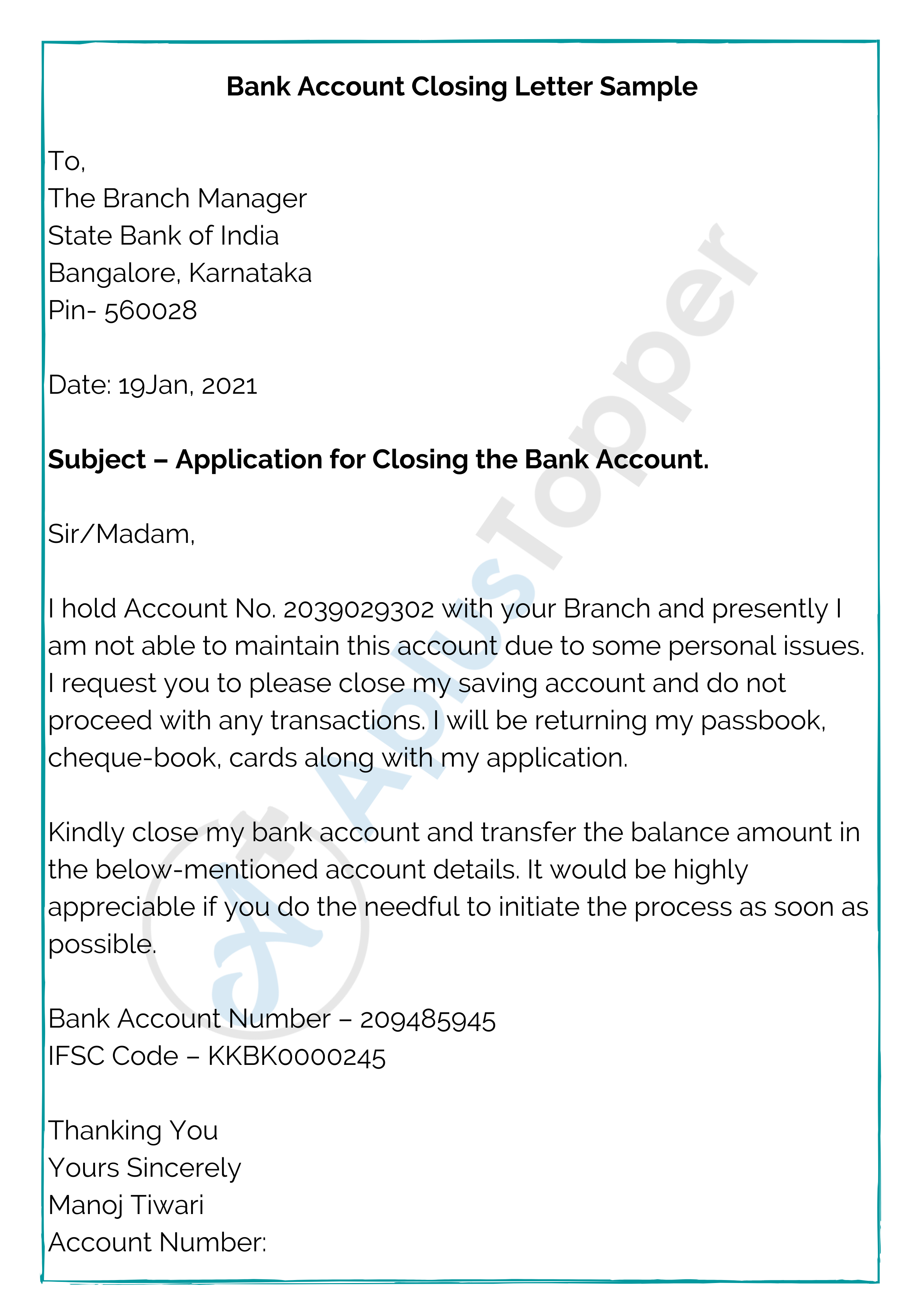 application letter for closing rd account after maturity