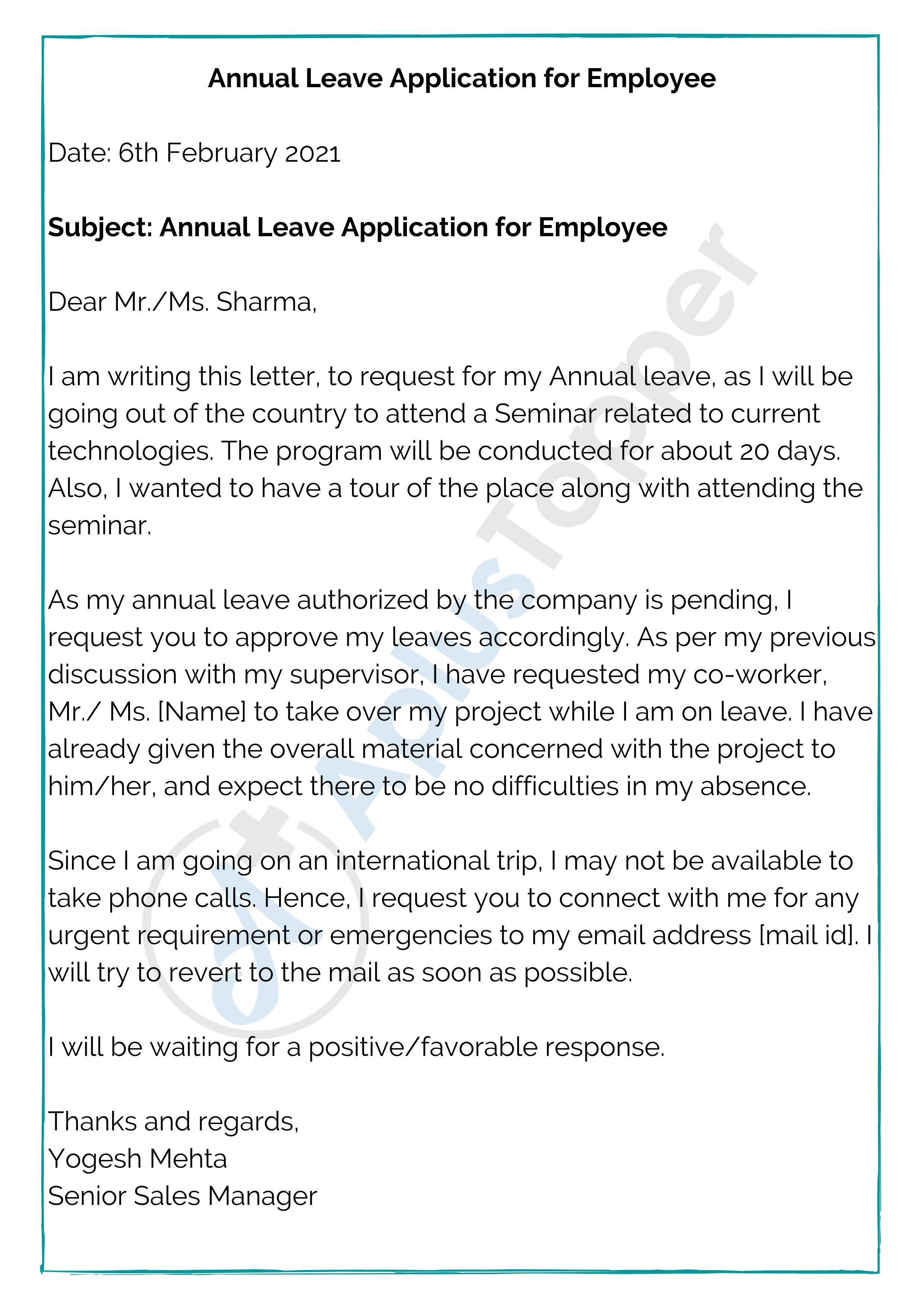annual leave application letter