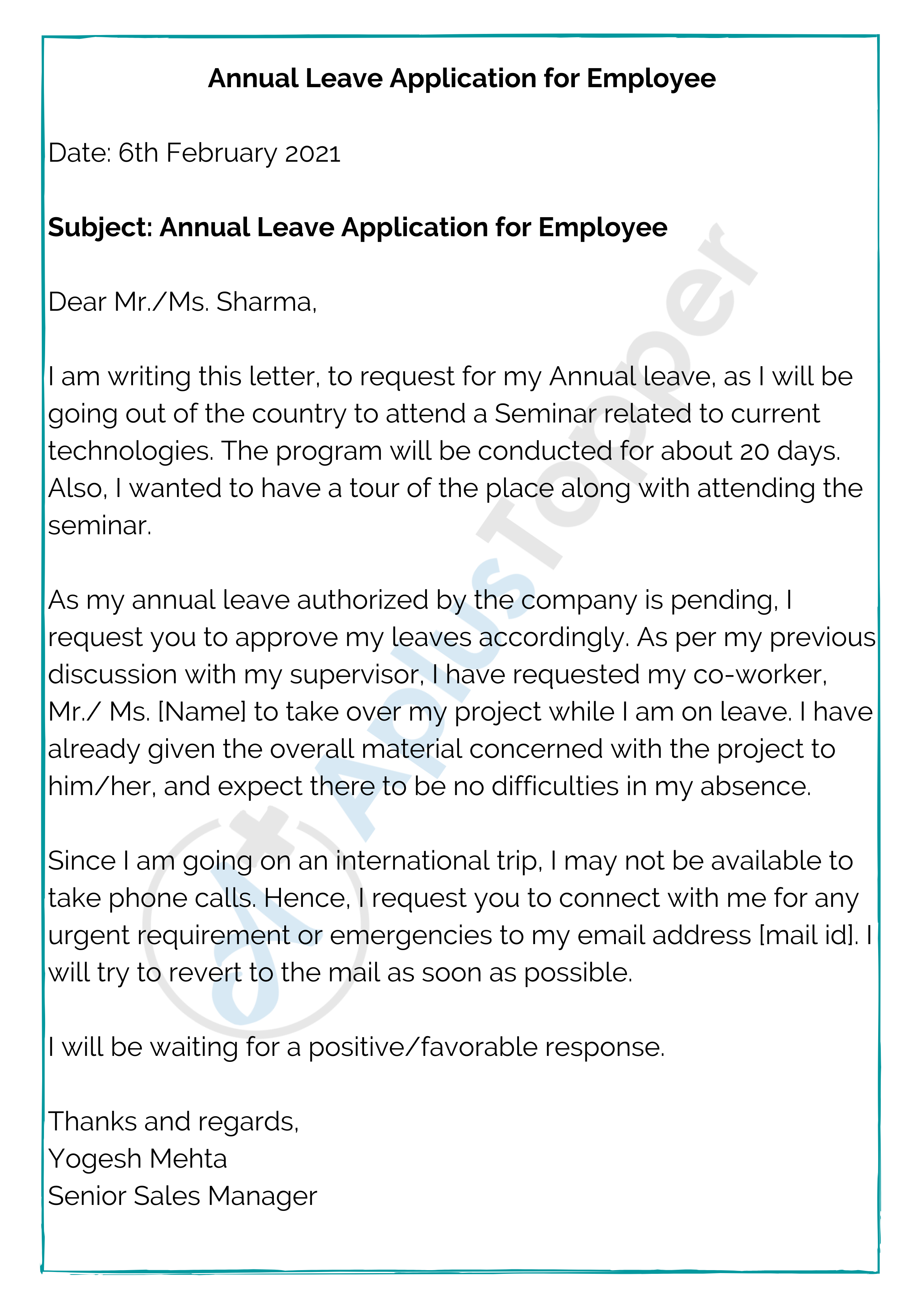 Annual Leave Application Format, Samples Annual Leave Application