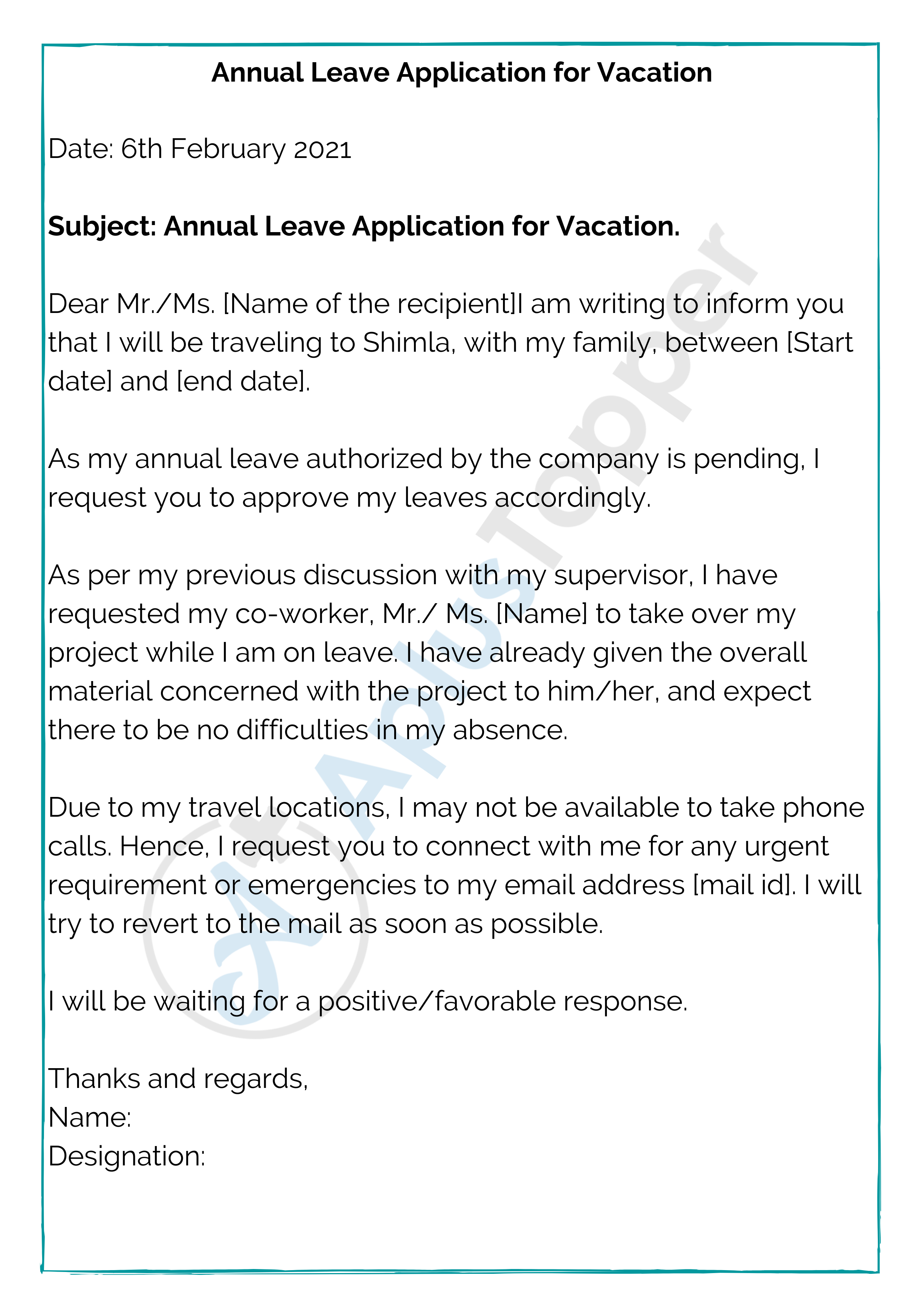 Annual Leave Application for Vacation.