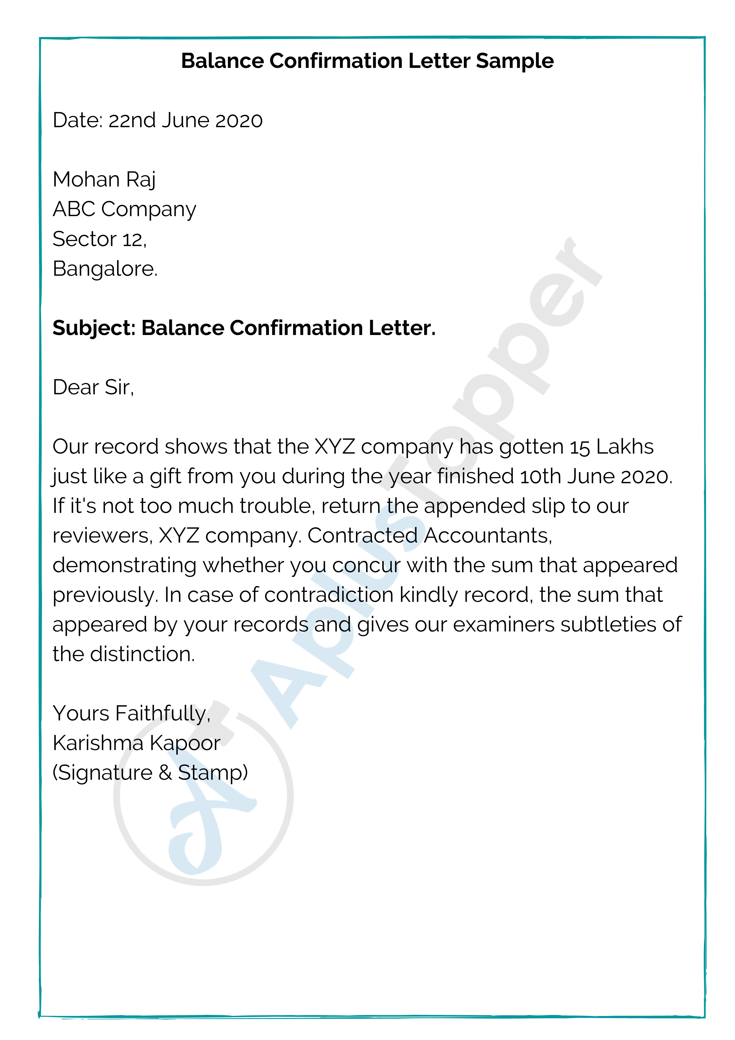 Balance Confirmation Letter Sample