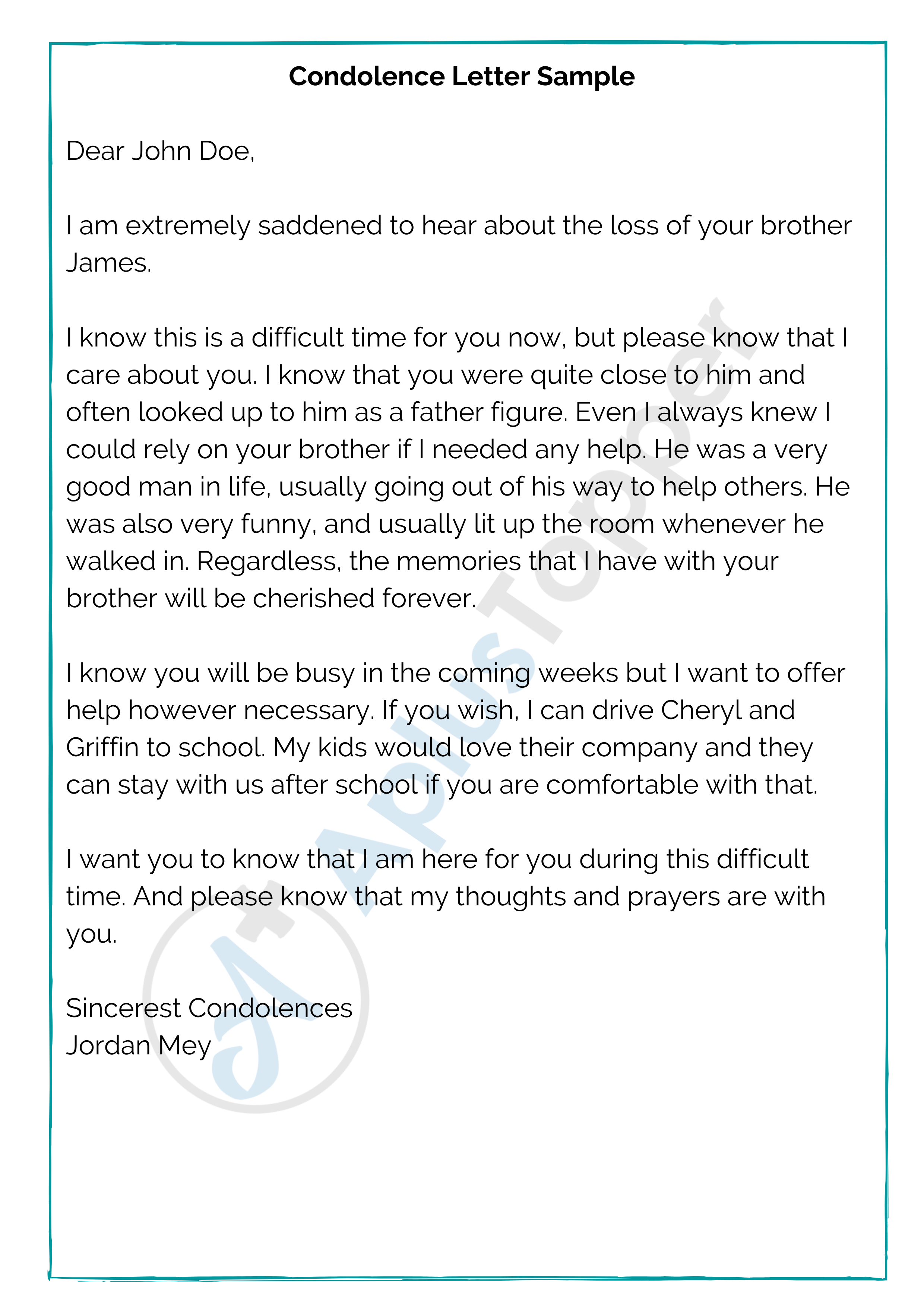 Sample Of Condolence Letter To The Family