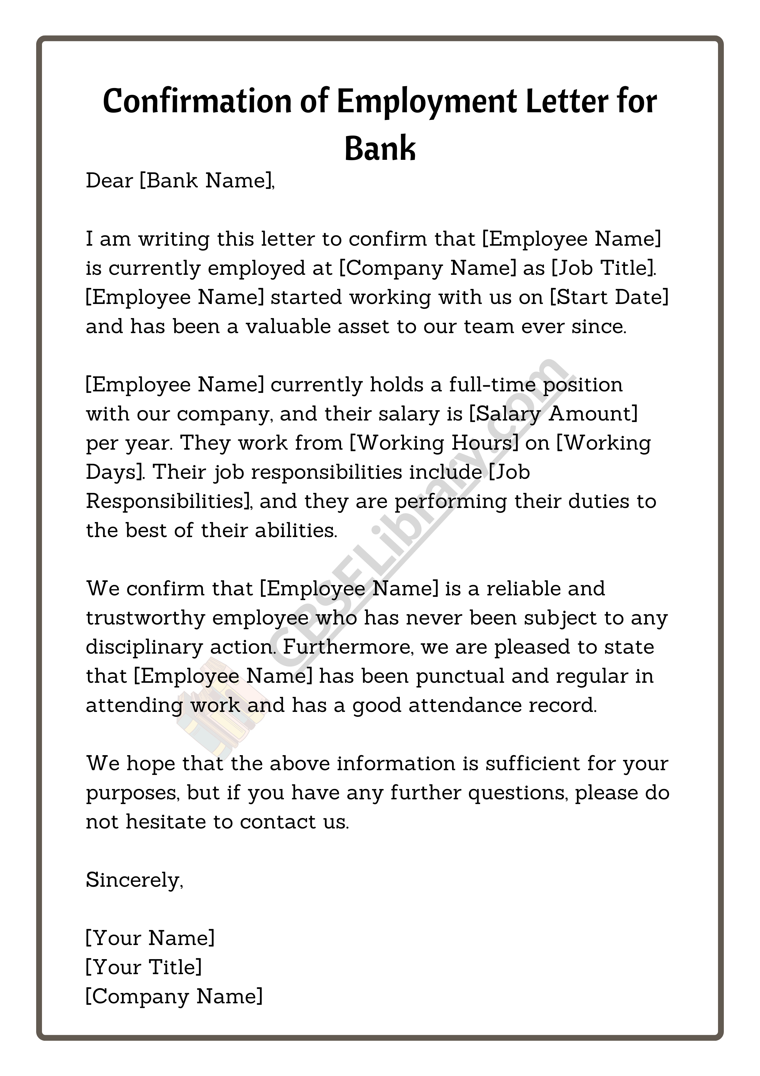 Confirmation of Employment Letter for Bank