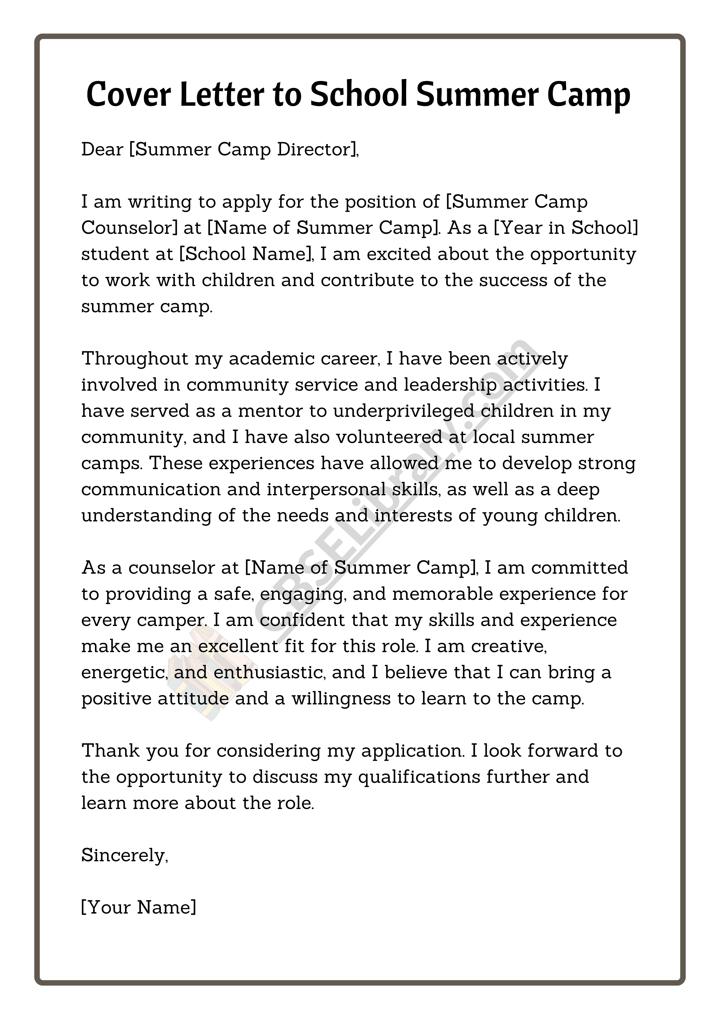 Cover Letter to School Summer Camp