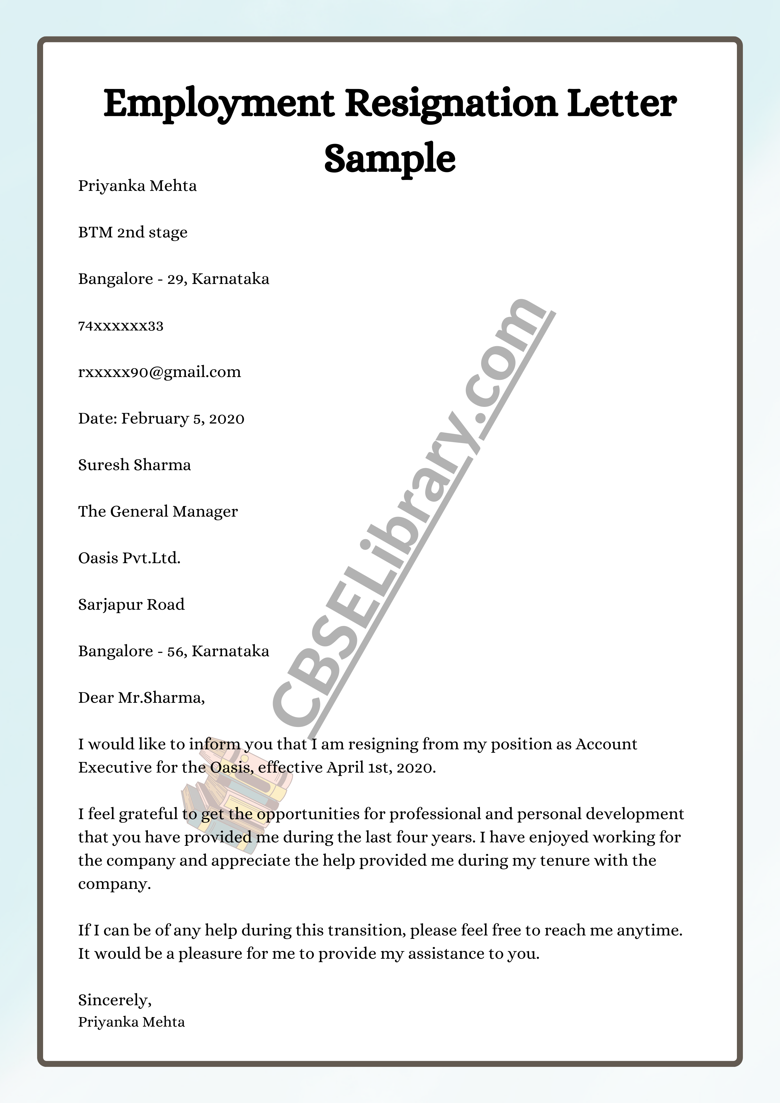 Employment Resignation Letter Sample