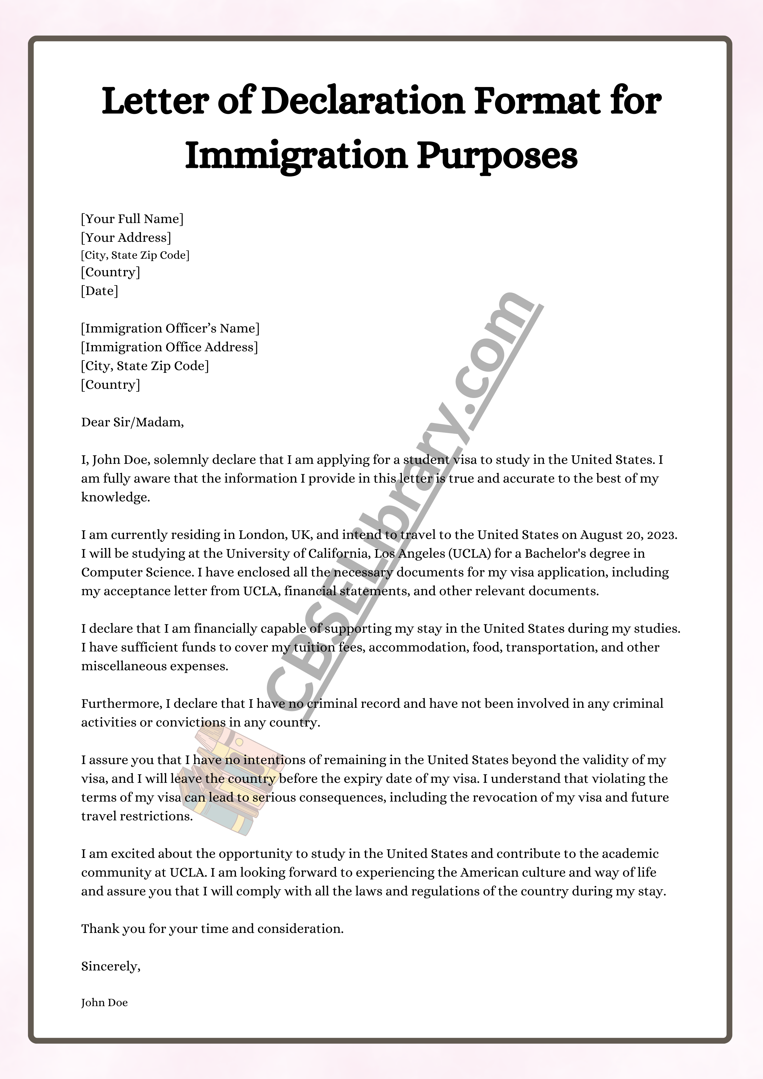 Letter of Declaration Format for Immigration Purposes