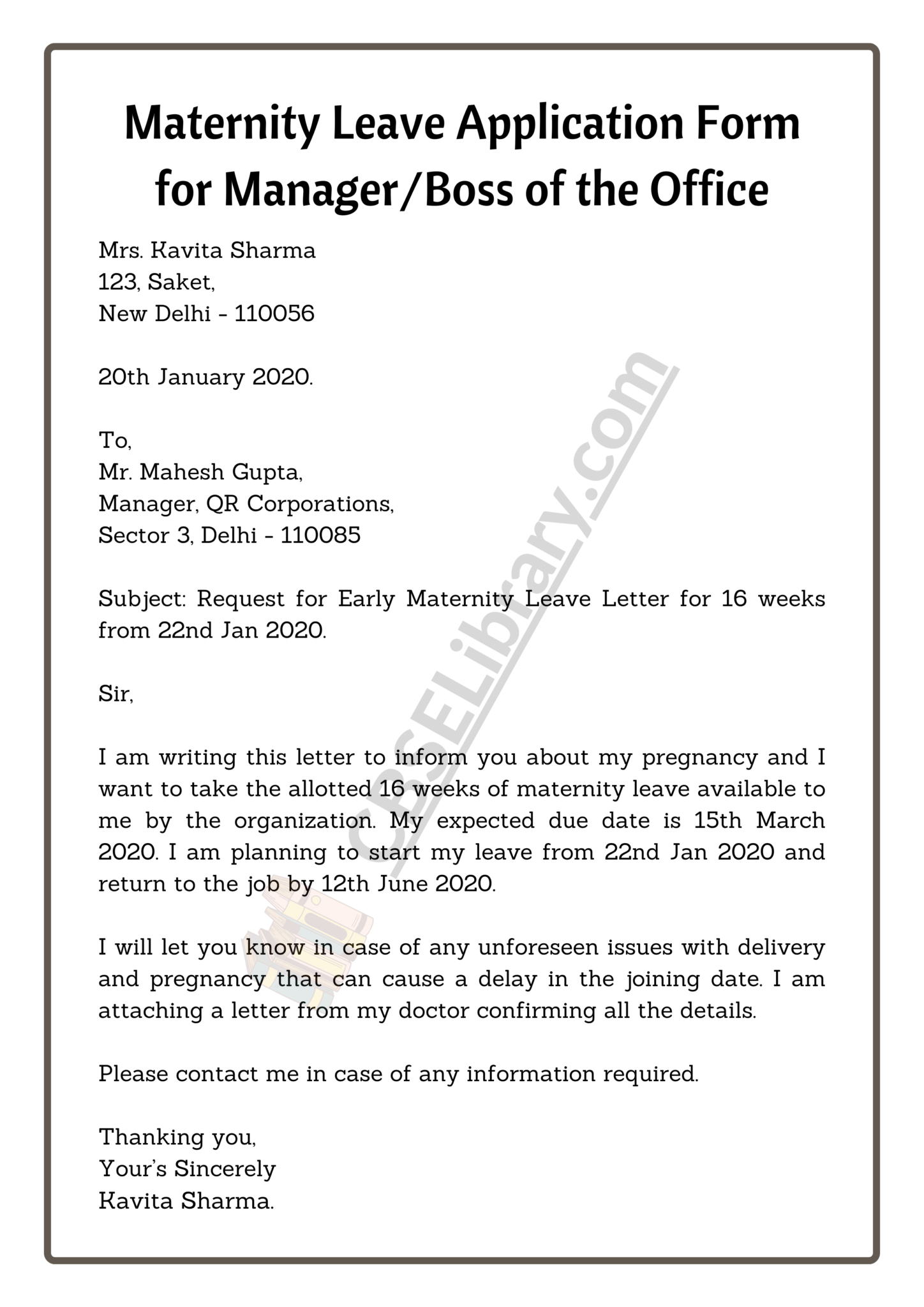 maternity leave application letter format in word