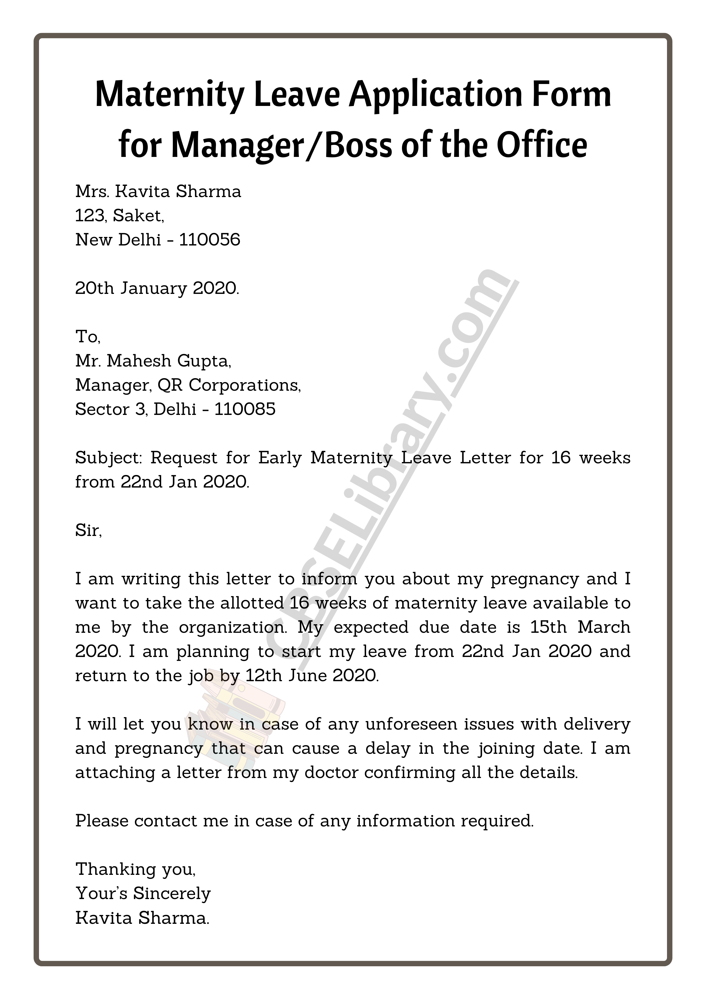 Maternity Leave Application Form for Manager/Boss of the Office