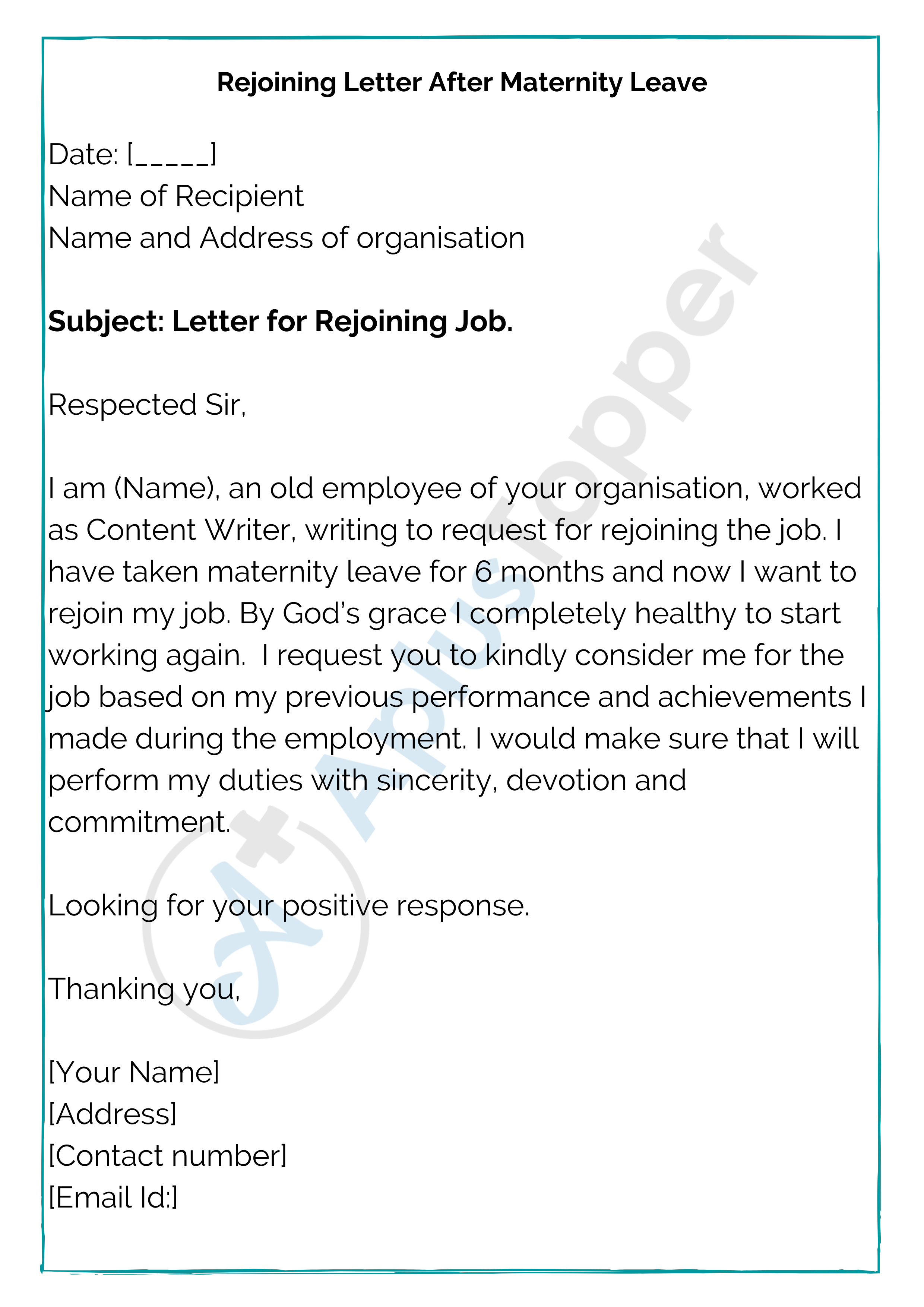 sample letter to resume work after maternity leave