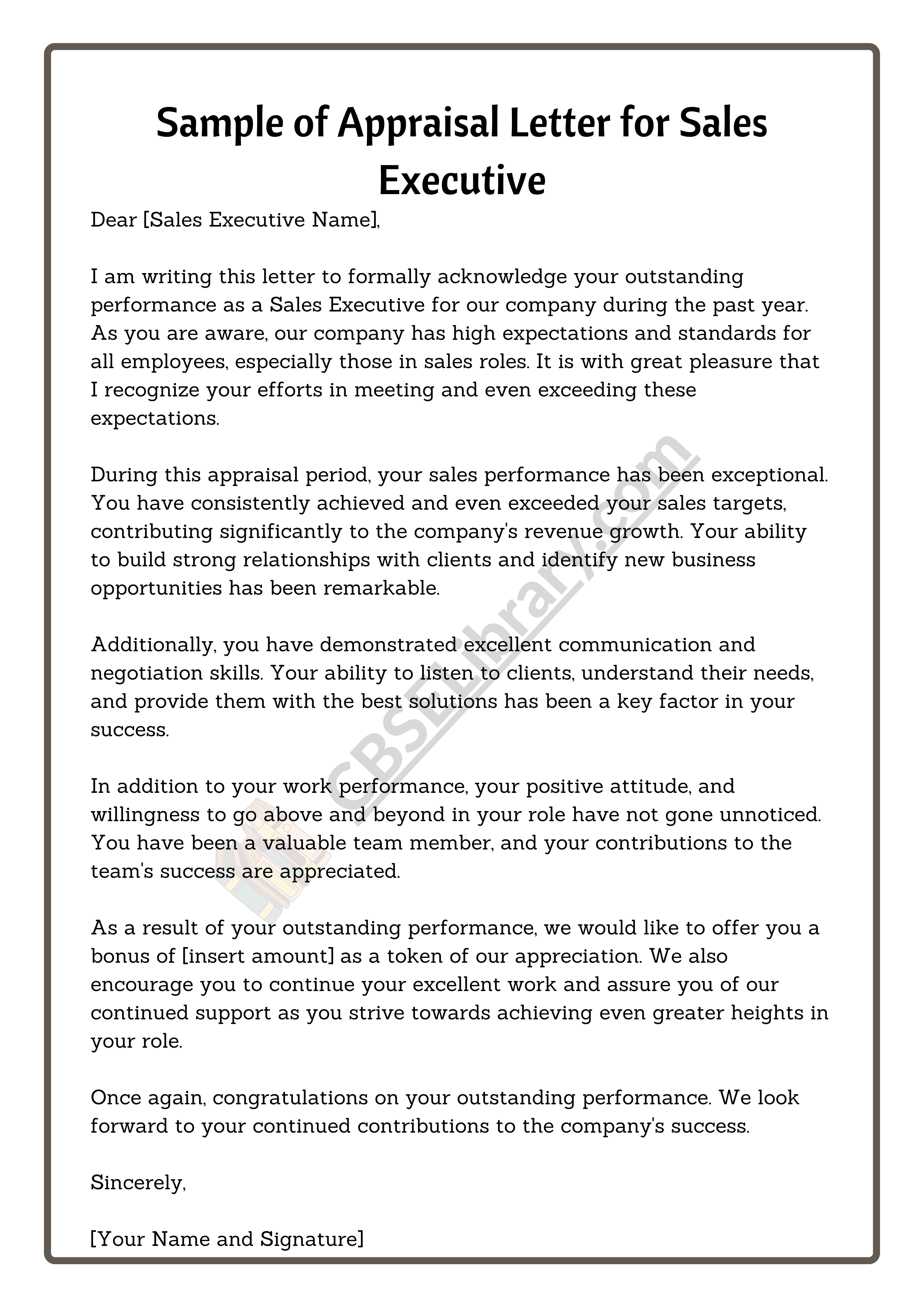 Sample of Appraisal Letter for Sales Executive