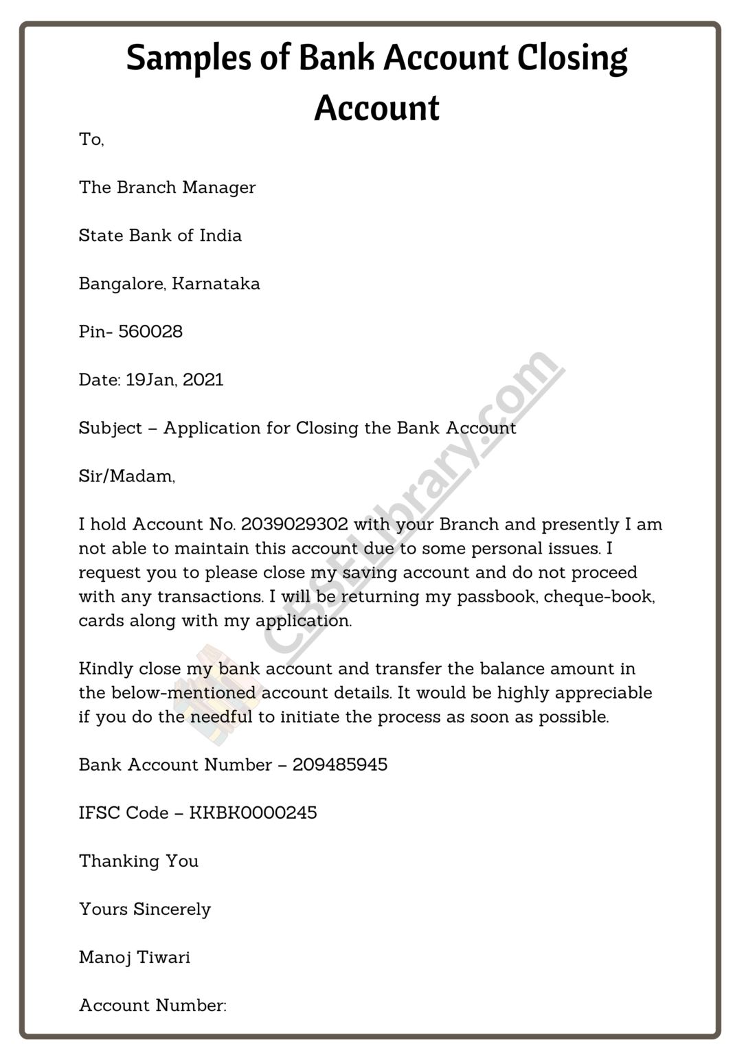 Bank Account Closing Letter | Format, Sample and How to Write a Bank ...