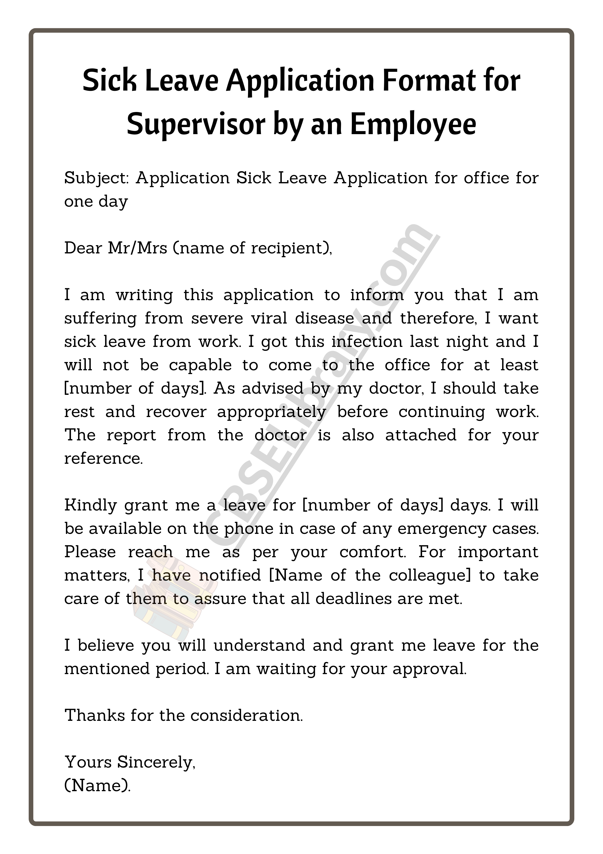 Sick Leave Application Format for Supervisor by an Employee