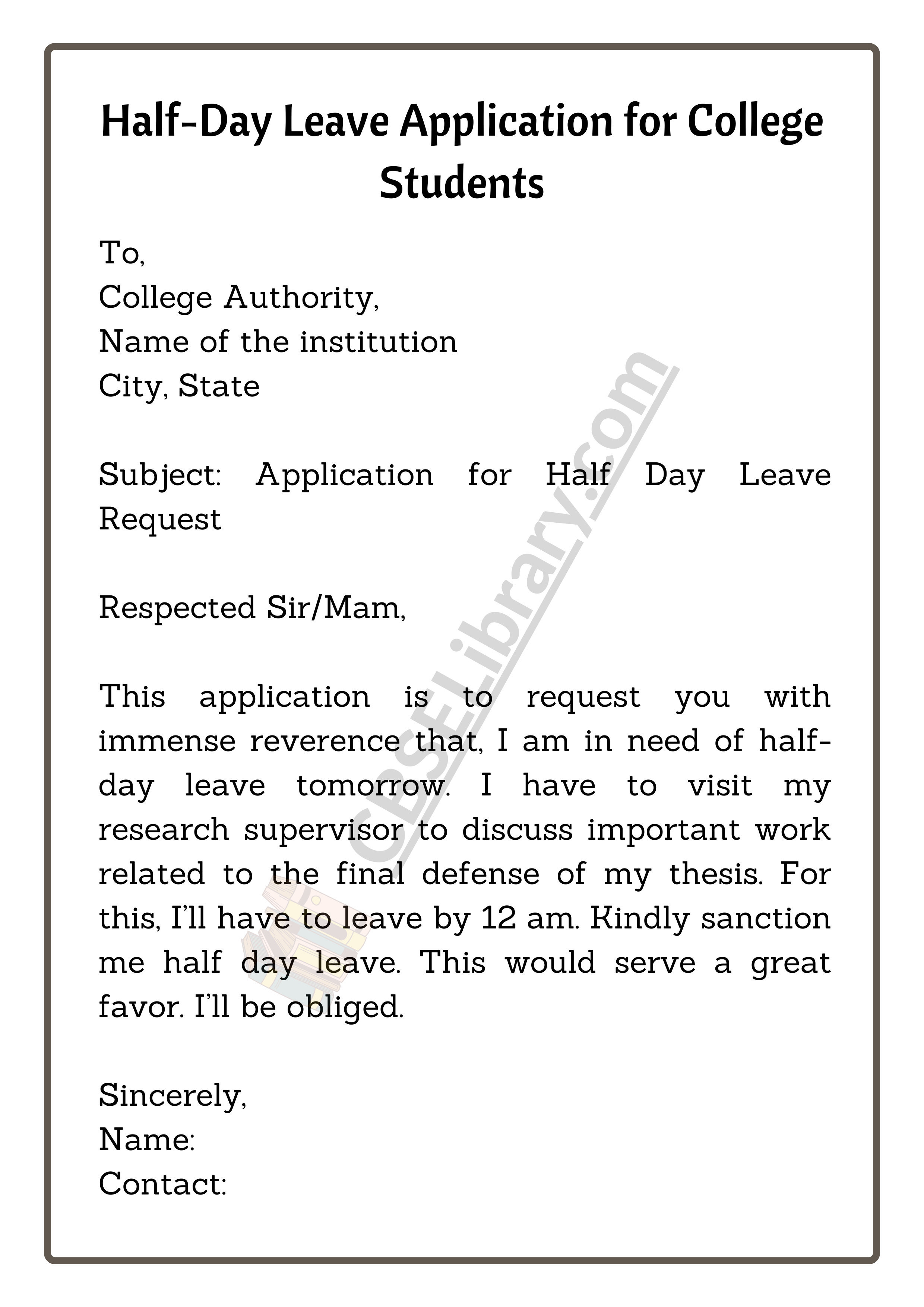 Half-Day Leave Application for College Students