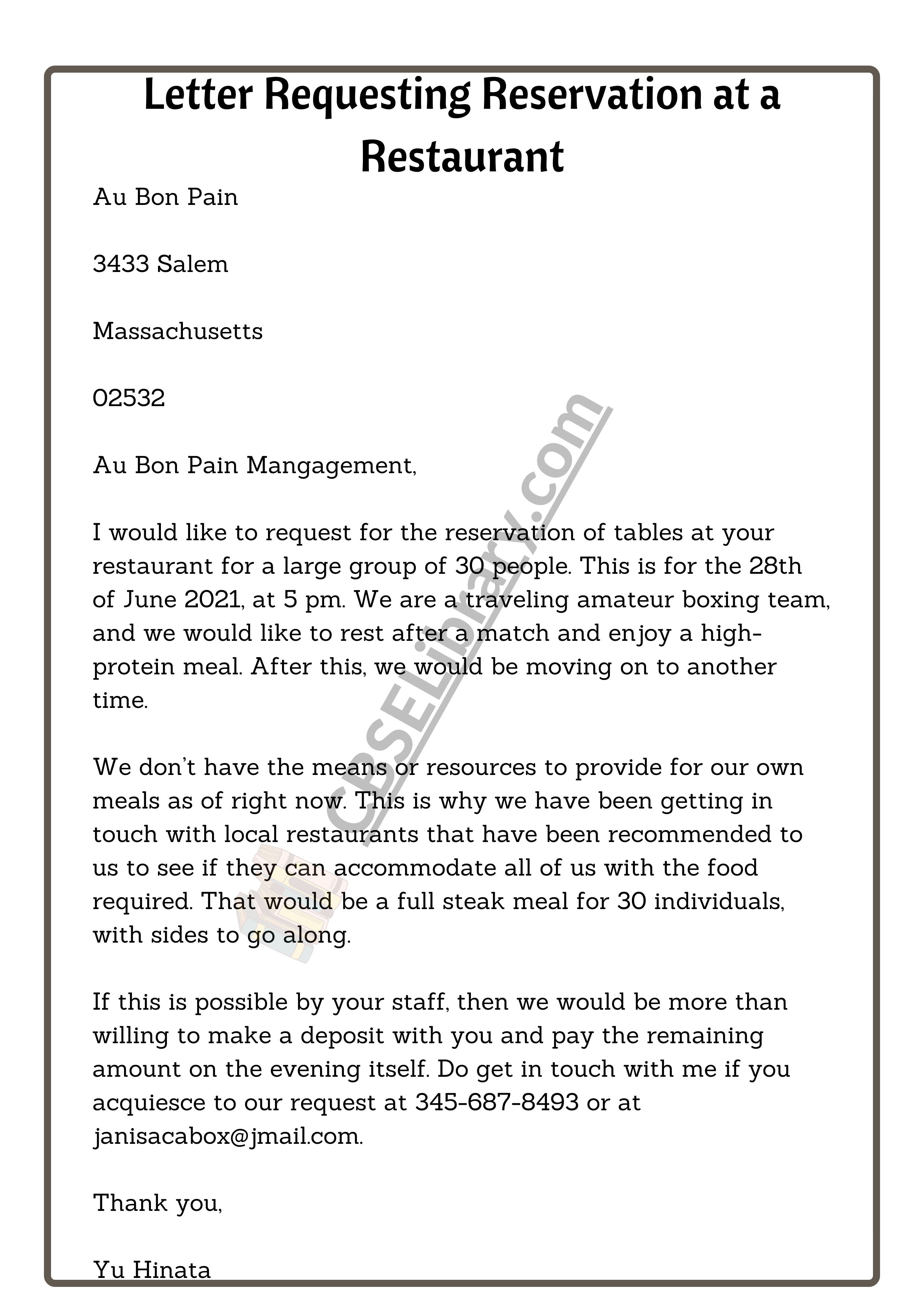 Letter Requesting Reservation at a Restaurant
